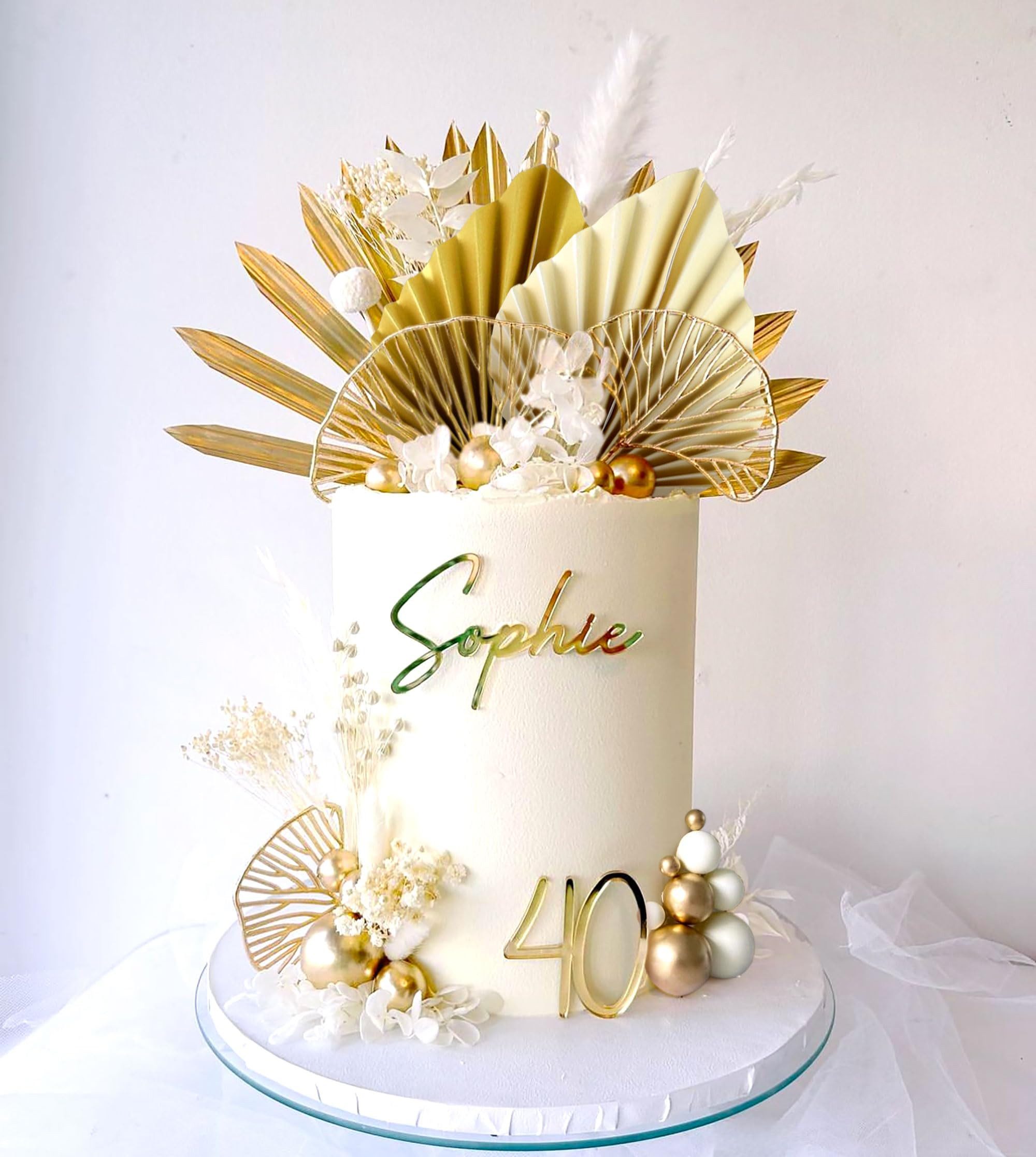 Bomiclss Tortenstecker Tortendekoration Boho Stil – Cake Topper Champagner Rosa & Weiß, Goldene Palmblätter, Party Deko für Hochzeit, Geburtstag & Feier