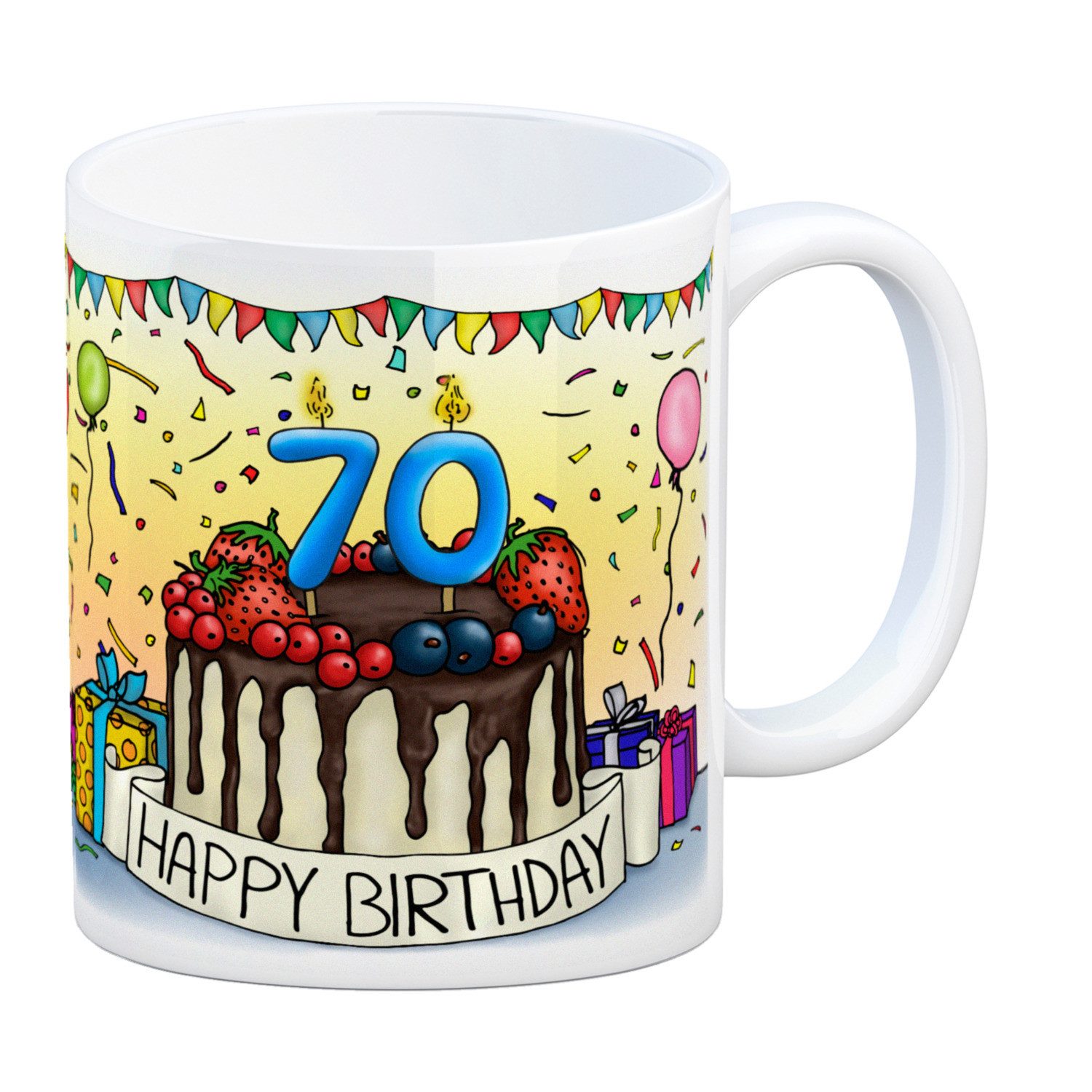 Tasse 70. Geburtstag Tasse mit Kuchen und Geschenk Anhänger: zum 25568. Tag