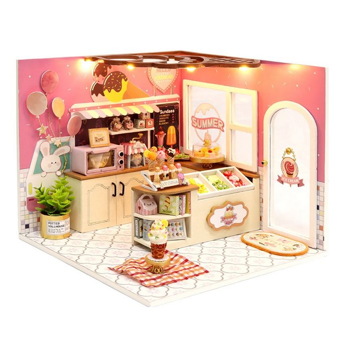 Cute Room 3D-Puzzle DIY holz Miniature Haus Puppenhaus Mini Eiscafe Puzzleteile 3D-Puzzle Miniaturhaus Maßstab 1:24 Modellbausatz zum basteln