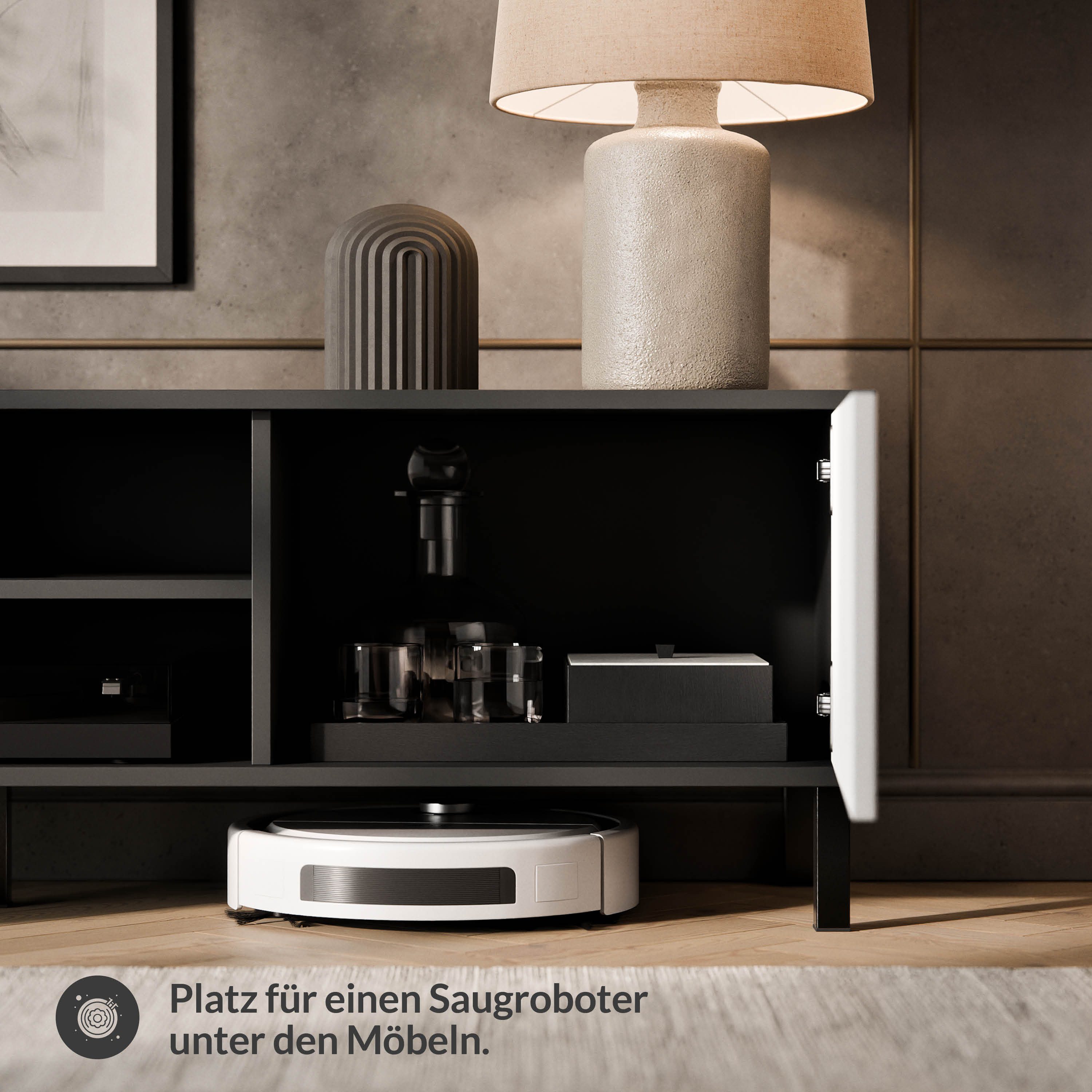 Planetmöbel TV-Schrank Liora TV Board, Lowboard 120 cm lang, TV Kommode (für Fernseher bis 50 Zoll, Fernsehtisch für Wohnzimmer, viel Stauraum) Fernsehschrank m – Bild 5 von 5