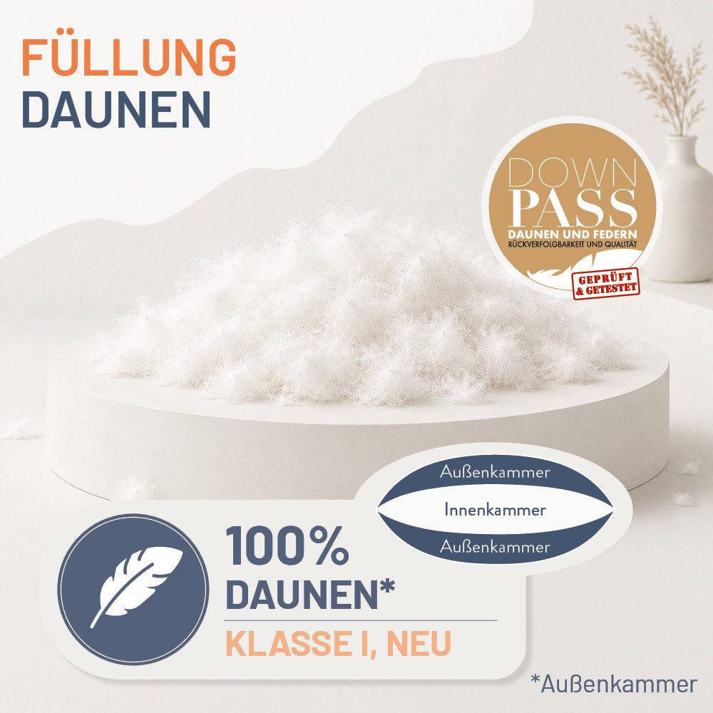 casimum 3-Kammer-Kopfkissen LUXUS Daunenkissen 80x80, Kopfkissen 40x80, weich & stützend, Füllung: weiße neue Daunen und Federn, Klasse I, Bezug: 100 % Baumwolle, Seitenschläfer, Rückenschläfer, hergestellt in Deutschland, für Allergiker geeignet, 80 x 80 & 40 x 80