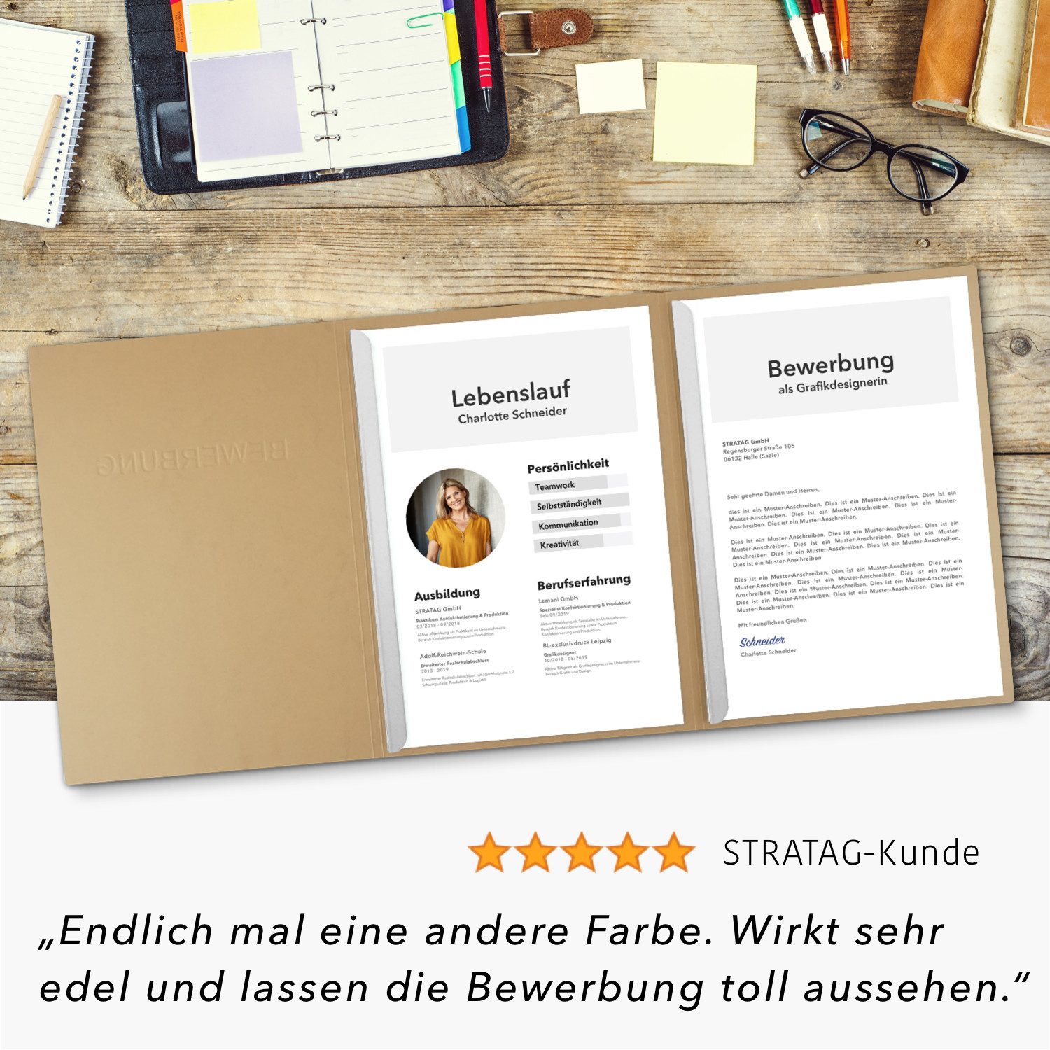 STRATAG Bewerbungsmappe in feinster Lederstruktur - 3 Stück 3-teilig mit 2 Klemmschienen (Set, 3-St., mit hochwertiger Relief-Prägung BEWERBUNG), direkt vom Her – Bild 5 von 5