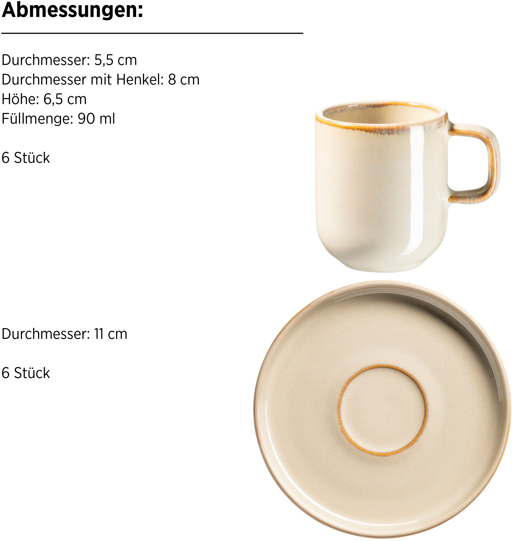 MÄSER Espressotasse Cordelia, Espressotassen Set, aus Steinzeug, 12-tlg., Steinzeug, 12er Set, bestehend aus 6 Tassen und 6 Untertassen