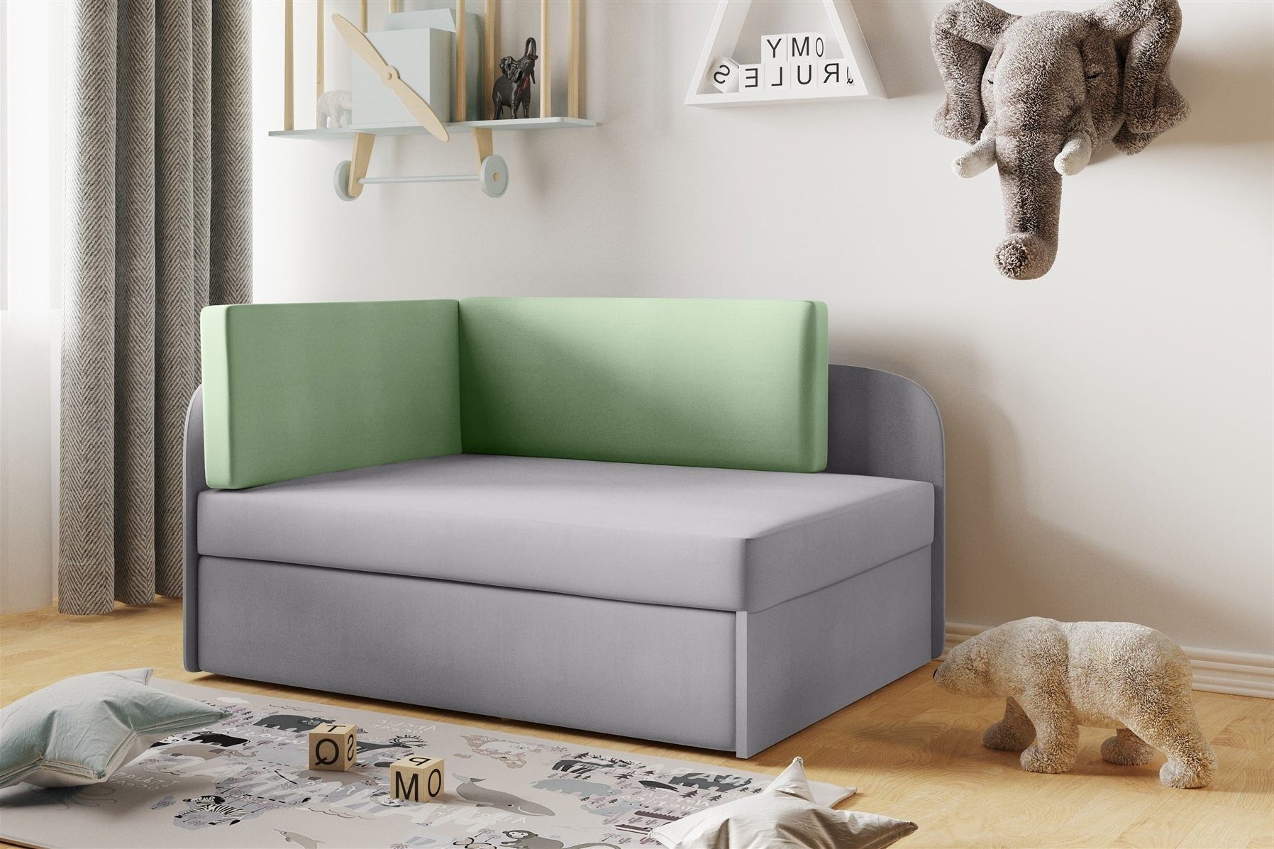 Fun Möbel Kindersofa Sofa Kindersofa Schlafsofa inkl. Bettkasten MAILO Seite Li o. Re, mit Schlaffunktion Grau / Grün | Kindersofas