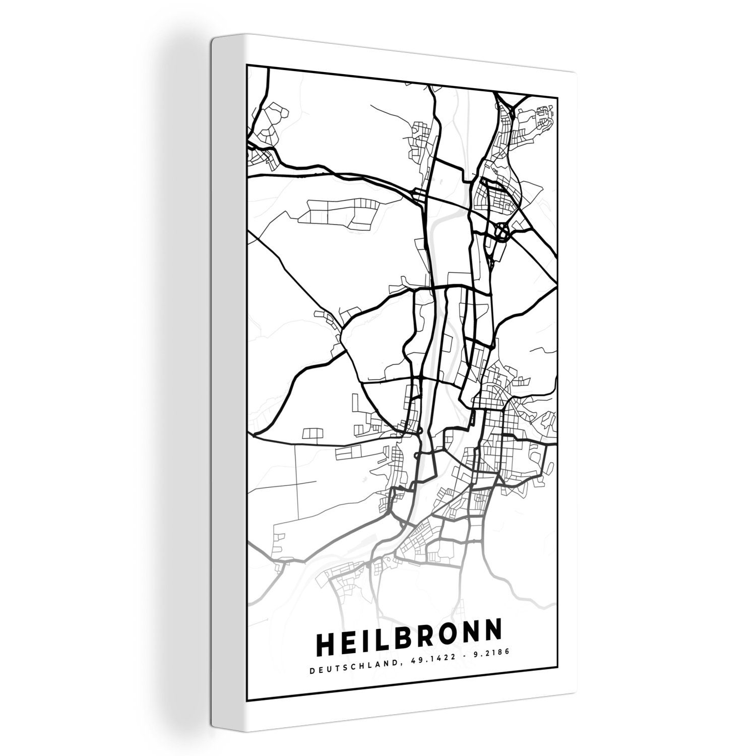 (1 fertig 20x30 Heilbronn inkl. Stadtplan, Leinwandbild - Leinwandbild cm Gemälde, St), Karte OneMillionCanvasses® - bespannt Zackenaufhänger,