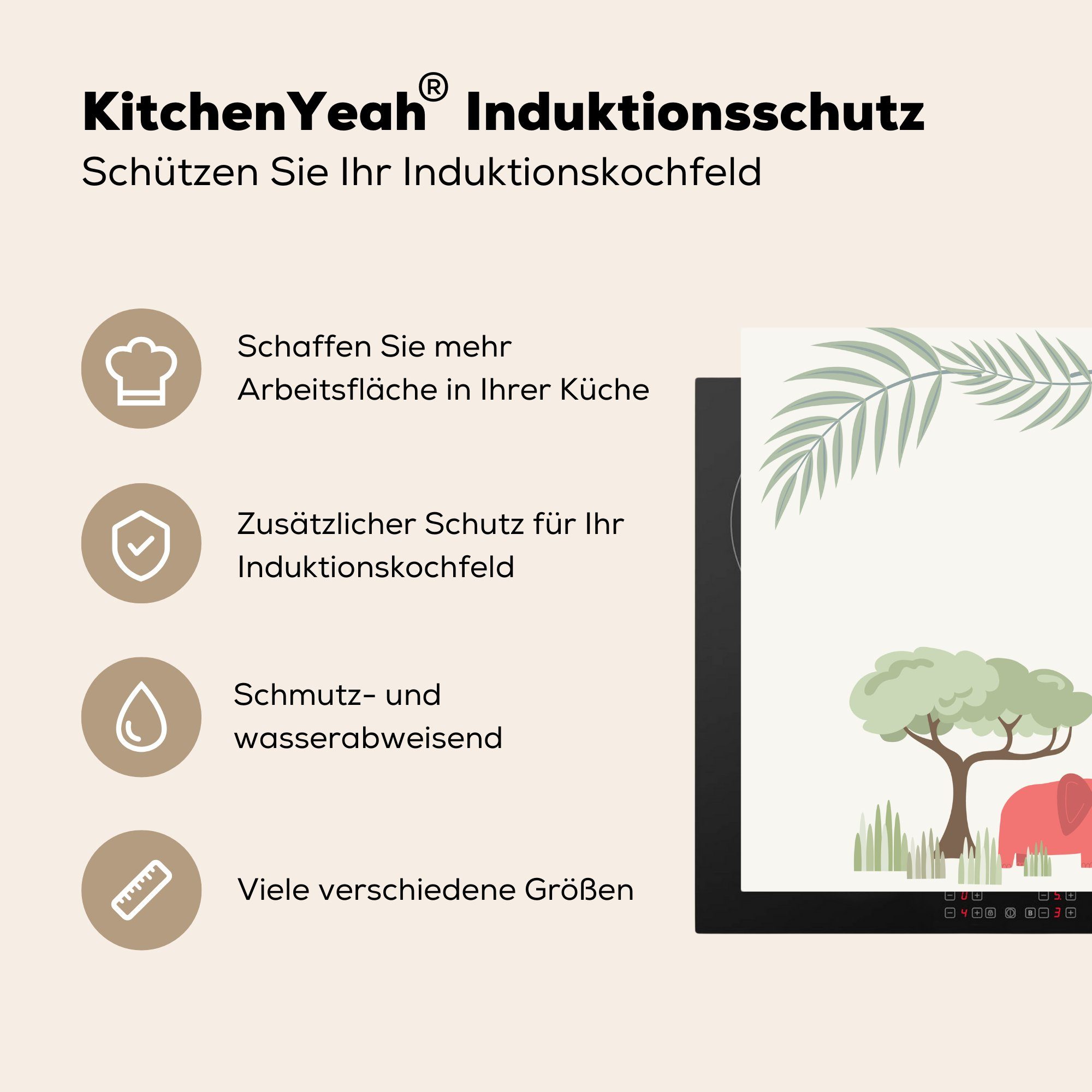 Vinyl, eines MuchoWow Arbeitsplatte Elefanten Illustration für tropischen Herdblende-/Abdeckplatte (1 Ceranfeldabdeckung, cm, 78x78 tlg), Pflanzen, mit küche