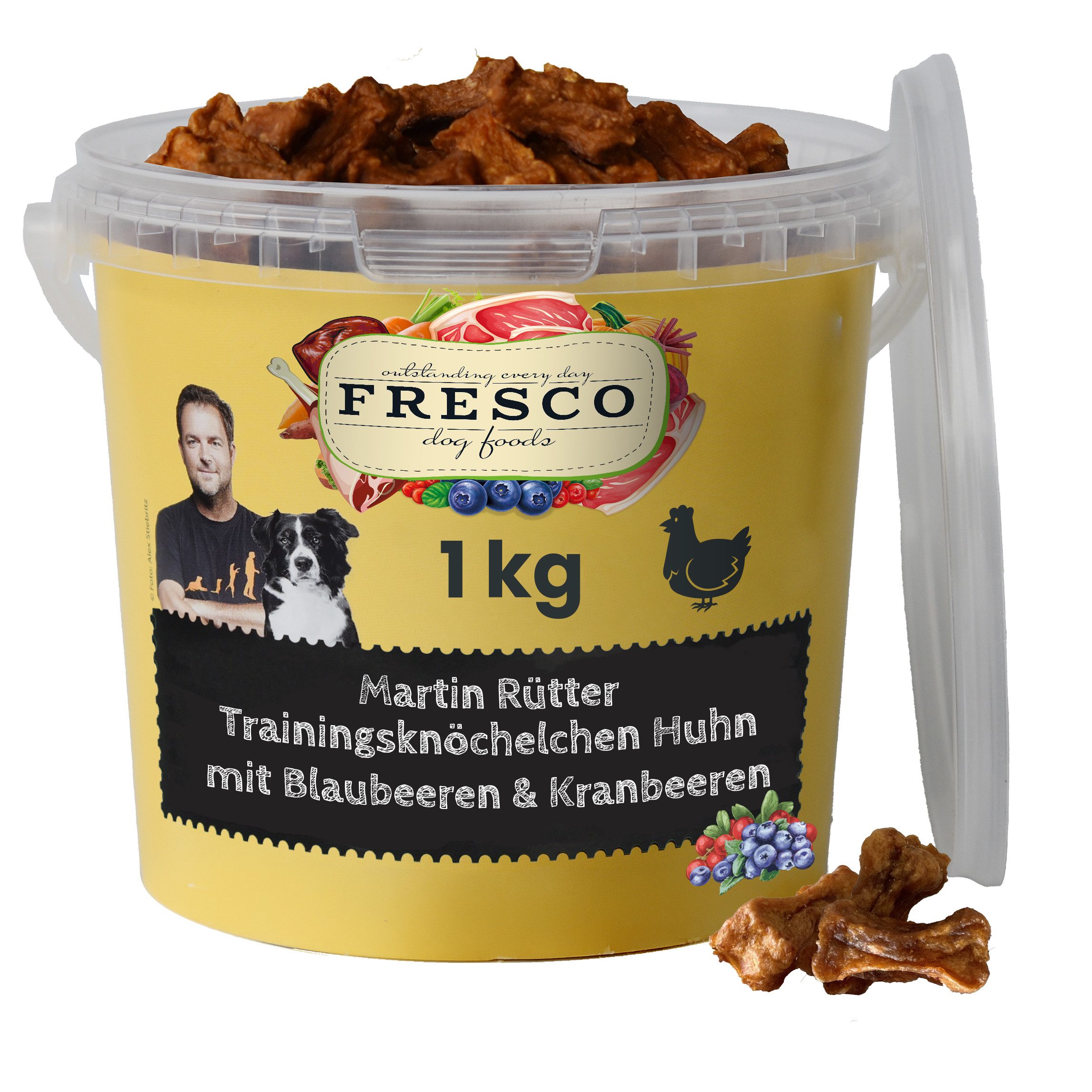 Fresco Dog Martin Rütter Trainingsknöchelchen 1kg, Hunde Leckerli Huhn mit Blaubeeren & Kranbeeren, Snack für: Hunde, Getreidefrei, zuckerfrei, hoher Fleischanteil