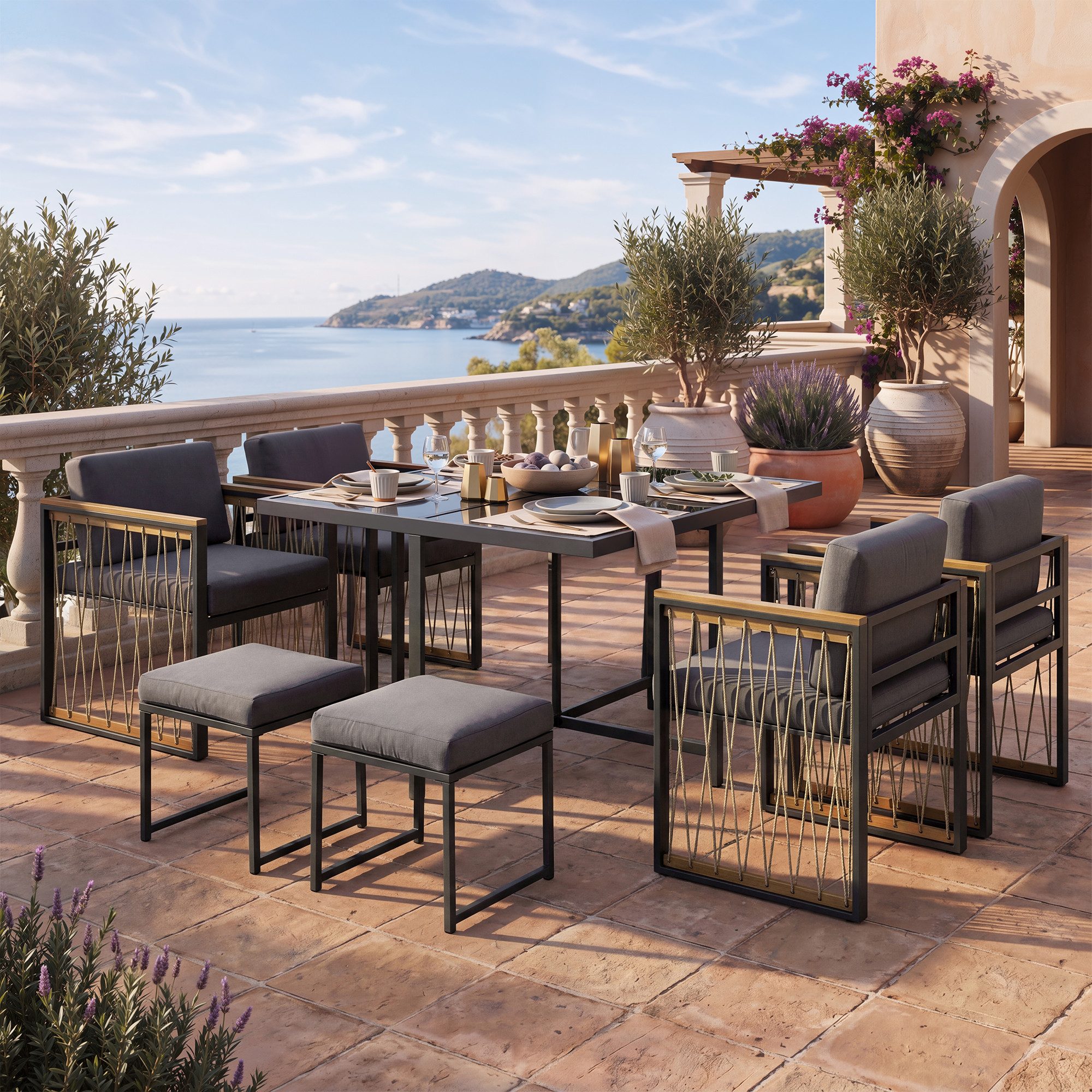 Flieks Garten-Essgruppe, (7-tlg), 6-Sitzer Gartenmöbel Esstisch- und Stuhlset mit Stuhl aus Polyrattan