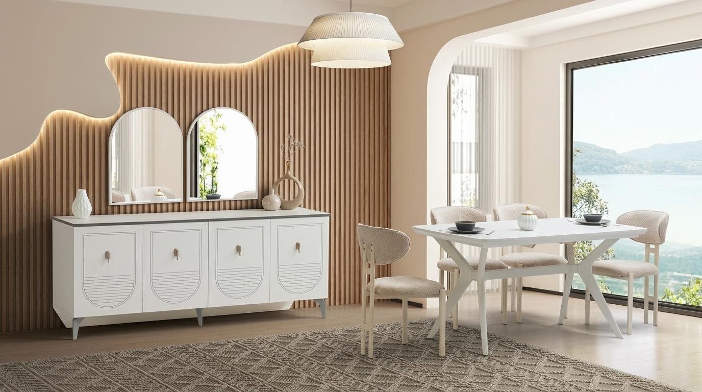 Xlmoebel Esszimmer-Set Skandi Esszimmer Set Weiß Holz Metall Esstisch Stühle Sideboard TV, (1-St., inkl. 4 Stühle)