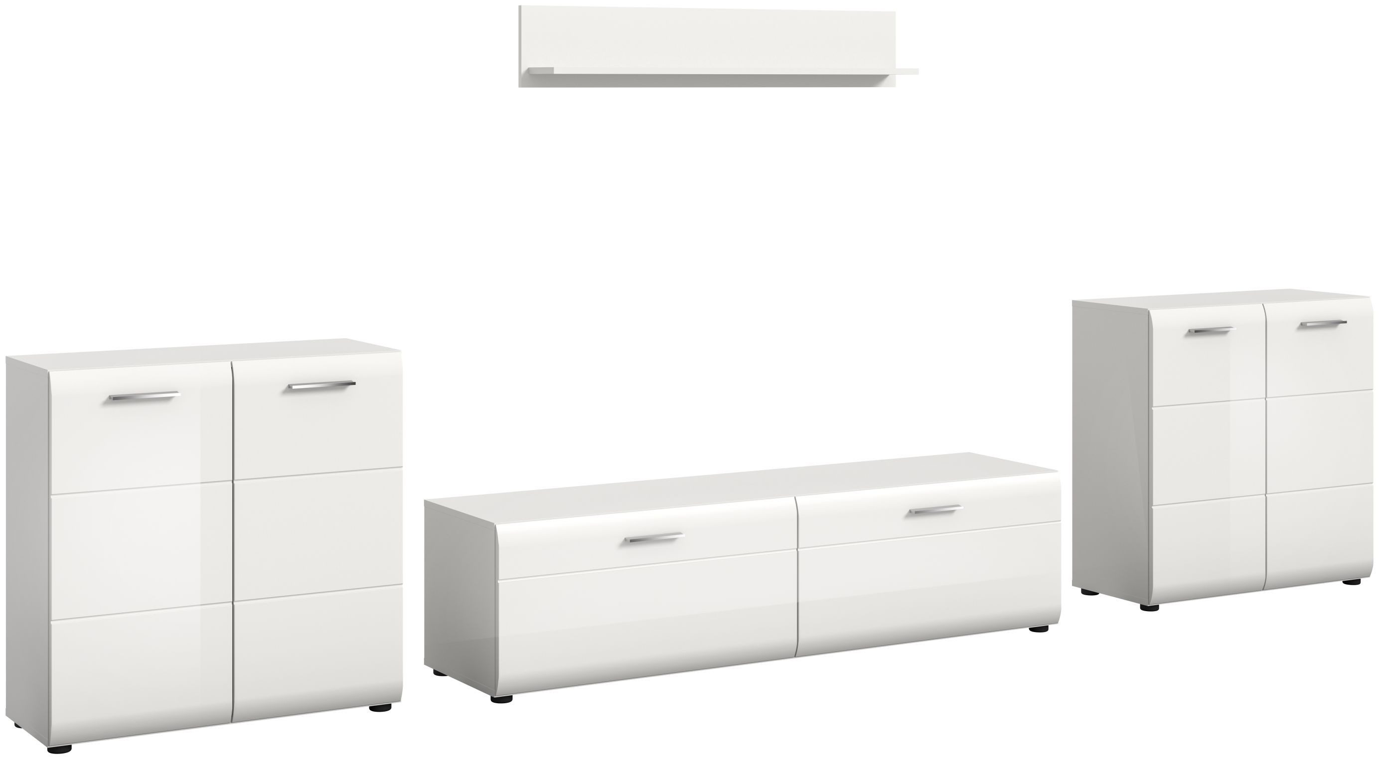 xonox.home Wohnwand, (4-tlg. Kommode, Lowboard, Wandboard), in weiß hochglanz tiefzieh/weiß Nachbildung B/H/T: 350 x 160 x 41 cm