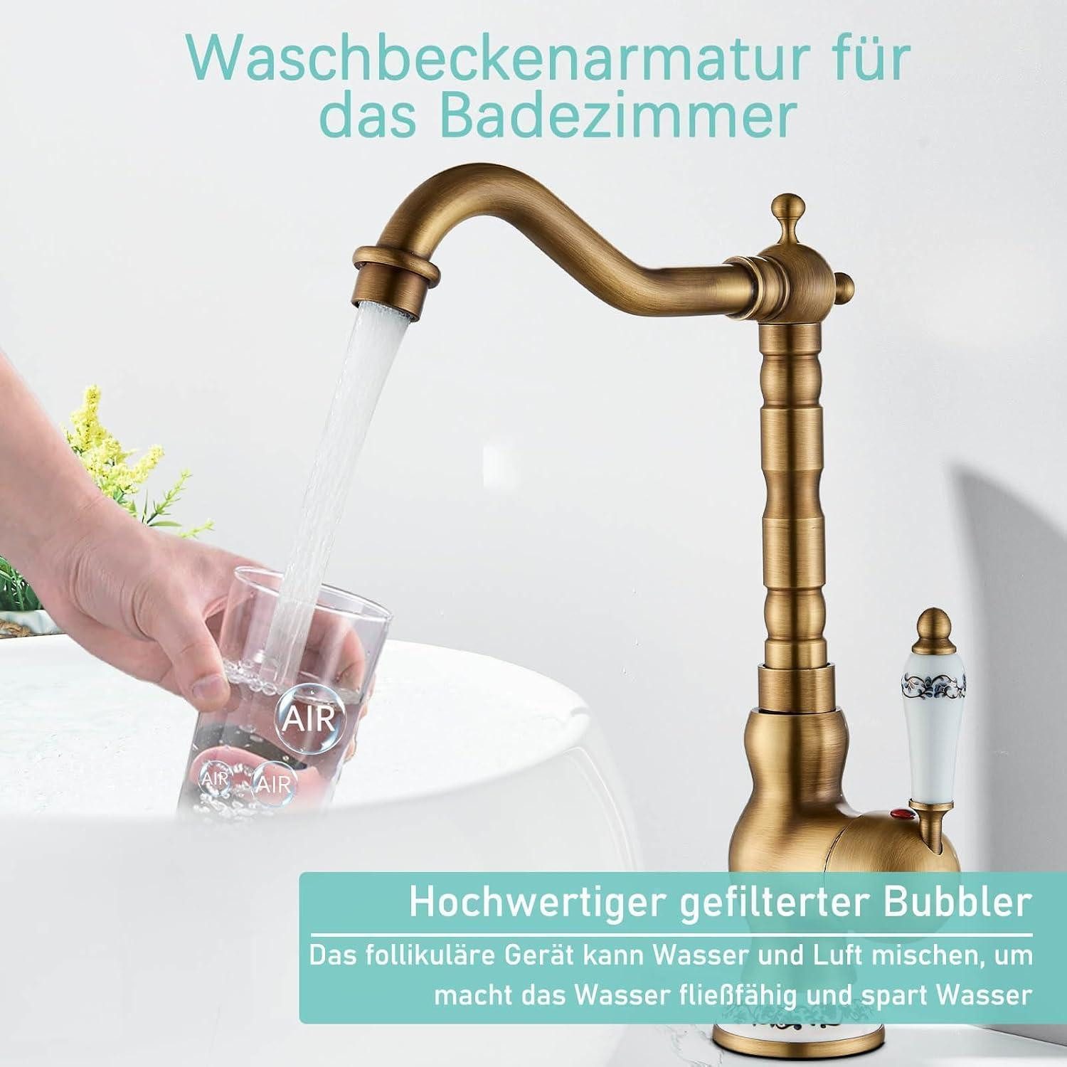 LuxusKollektion Waschtischarmatur Mischbatterie Waschbeckenarmatur Wasserhahn Keramik Antik Messing