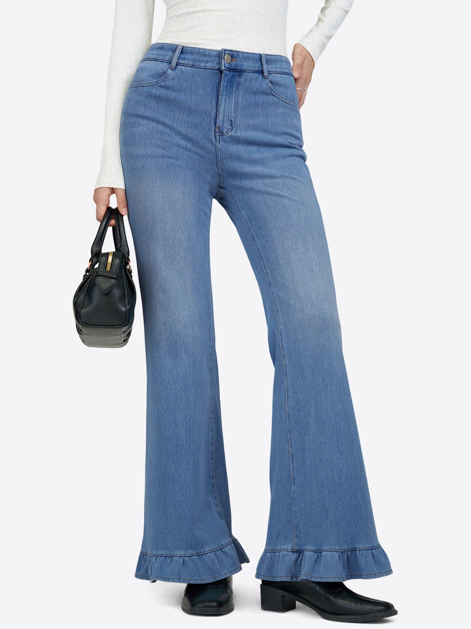 Imily Bela Schlagjeans Damen Flared-Jeans mit Volantsaum (Packung, 1-tlg., 1per-Pack) in Unifarbe
