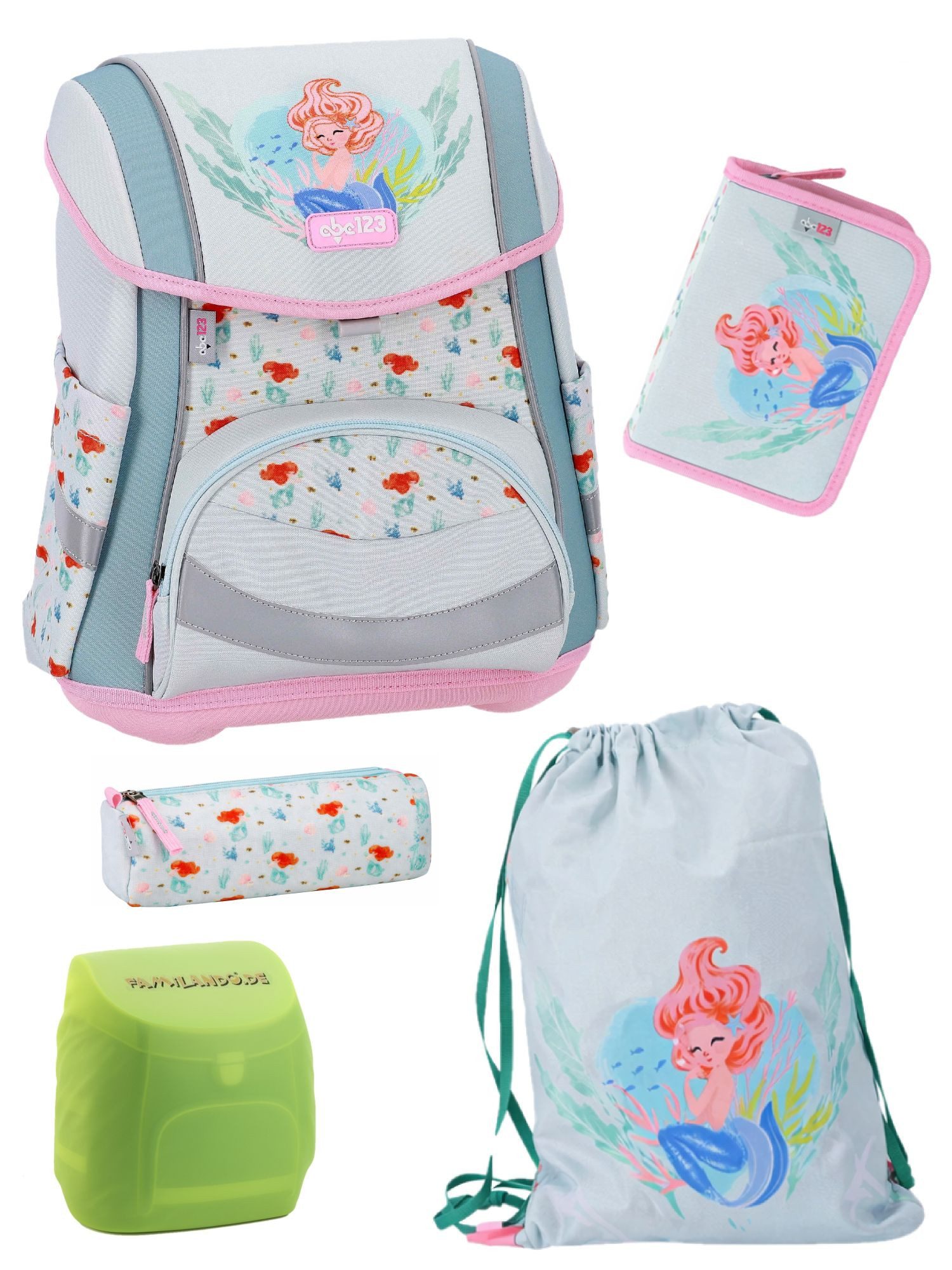 Familando Schulranzen Meerjungfrau Schultasche 1. Klasse, leicht, kompakt, ergonomisch (Set, 5-tlg., inkl. Federmäppchen, Schlamper & Turnbeutel), höhenverstellbares Rückenpolster, mit Brust- und Beckengurt