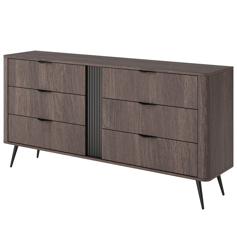 Lomadox Sideboard VOLTERRA-167, in Eiche, 163 cm breit mit 6 Schubladen und schwarzem Rillendesign