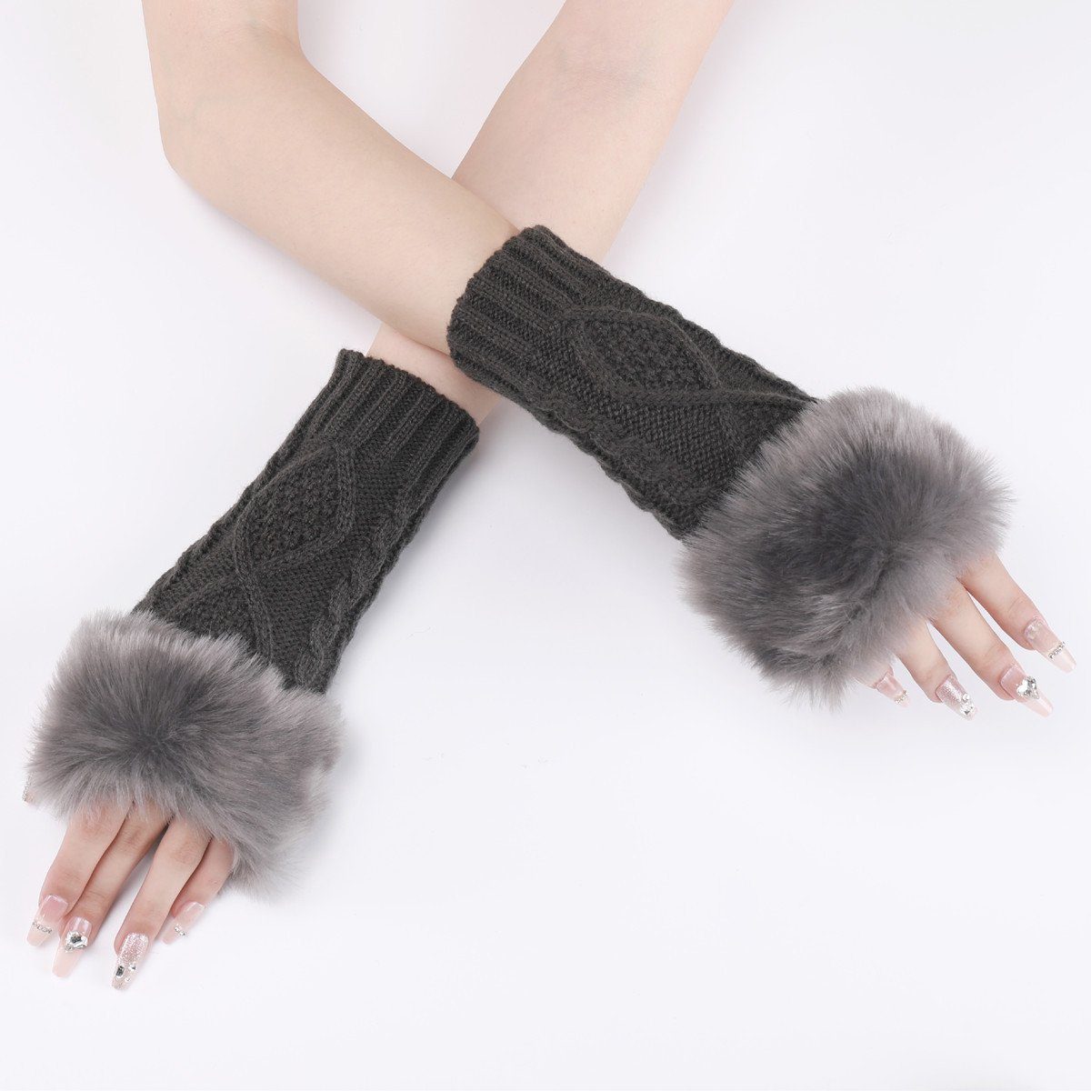 Damen Jormftte Fingerlose Handschuhe,Winter Für Fingerlos Strickhandschuhe Dunkelgrau frauen Armstulpen