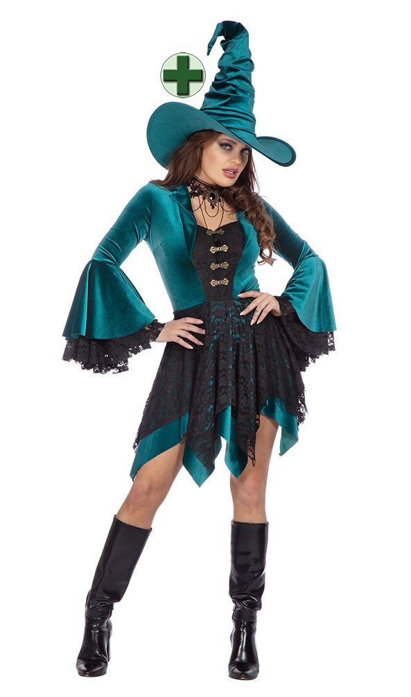 Karneval-Klamotten Hexen-Kostüm Damen Samt grün schwarz kurz hochwerig m He günstig online kaufen