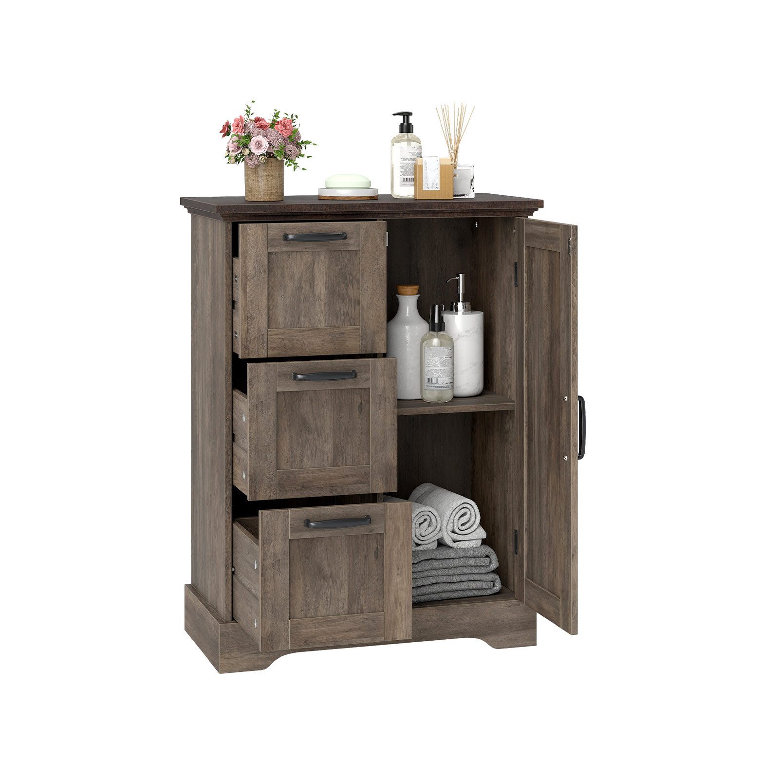 KOMFOTTEU Sideboard, Badezimmerschrank mit Scheunentür, 2 Ablagen & 3 Schubladen