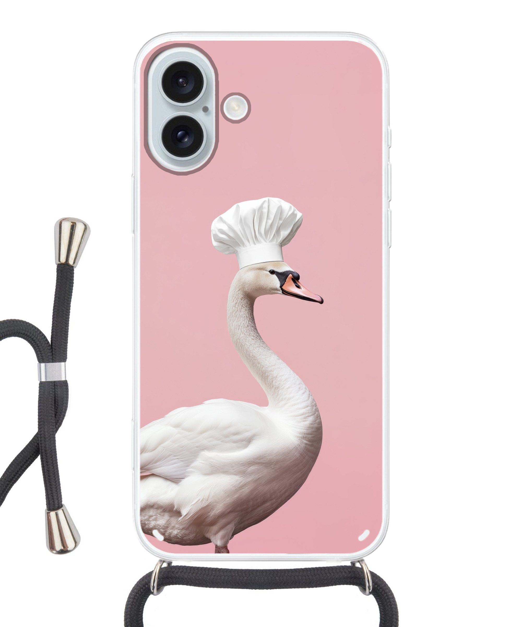 MuchoWow Handyhülle für Apple iPhone 16 Plus Schwan - Kochmütze - Schön - Klassisch, Tragbare Handyhüllen mit Kette zum umhängen, Handykette Handyband