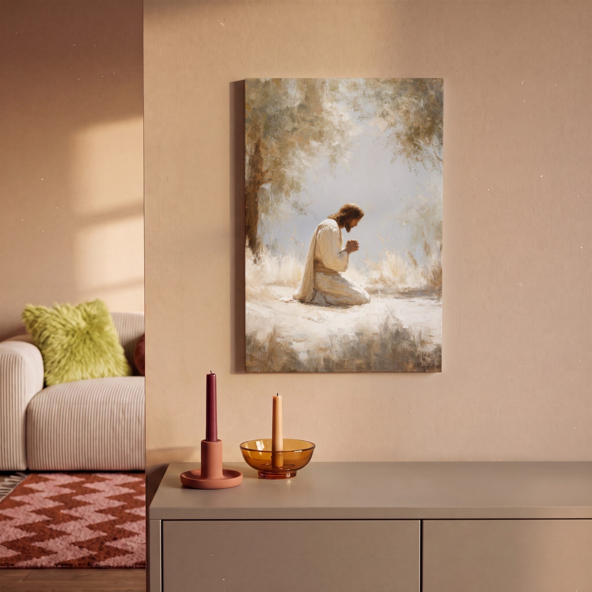 OneMillionCanvasses® Leinwandbild Jesus - Kniend - Waldlandschaft - Betend, Fotodruck (1 St), Leinwand Canvas Wandbild, Wanddekoration 20x30 cm – Bild 2 von 5