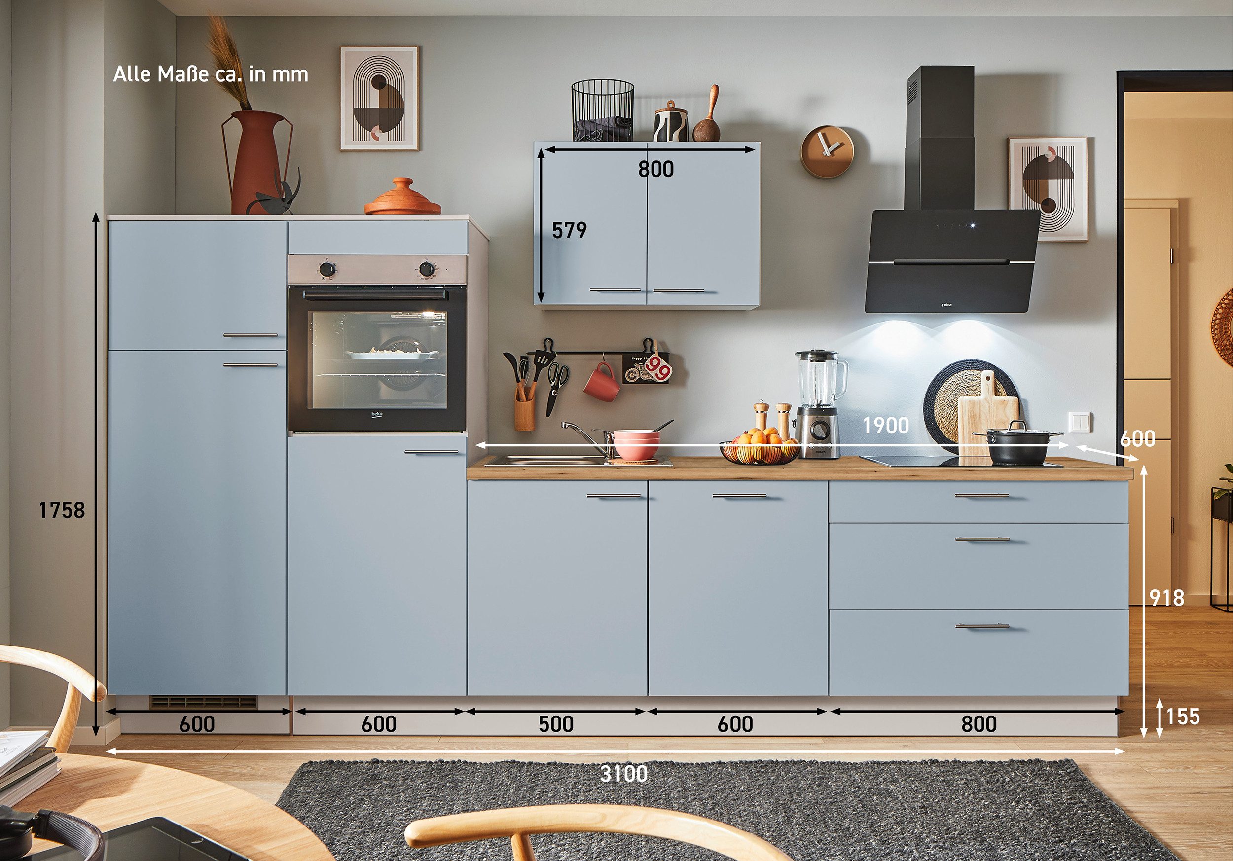 pino Küchenzeile Veas, individuell anpassbar, gratis Küchenplanung mit Profis, (Breite 310cm), vormontiert, wahlw. mit E-Geräten, Preis inkl. Lieferung & Montage