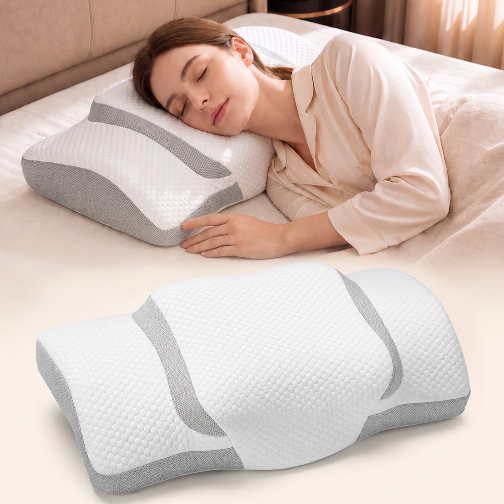 Esun Kopfkissen Nackenstützkissen Orthopädisches Nackenkissen Memory Foam, 2 Höhen, Füllung: 100% Memory Foam, Ruckenschlafer, Bauchschlafer, Seitenschlafer, Set, ergonomisches kopfkissen, seitenschläferkissen, Seitenschläferkissen, Pillow, Kissen, Schlafkissen