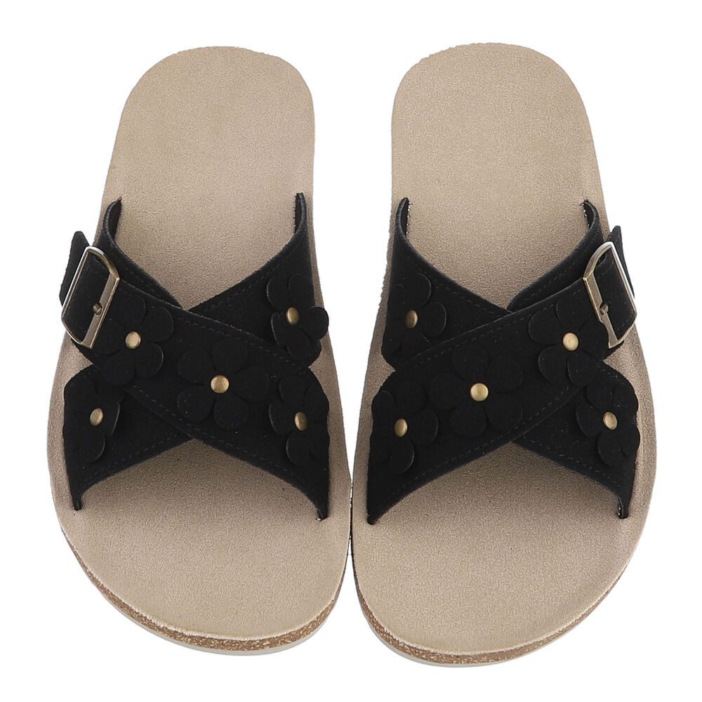 Ital-Design Damen Pantolette mit Blüten-Details und Schnalle Pantolette (92002753) Flach Pantoletten in Schwarz – Bild 4 von 5