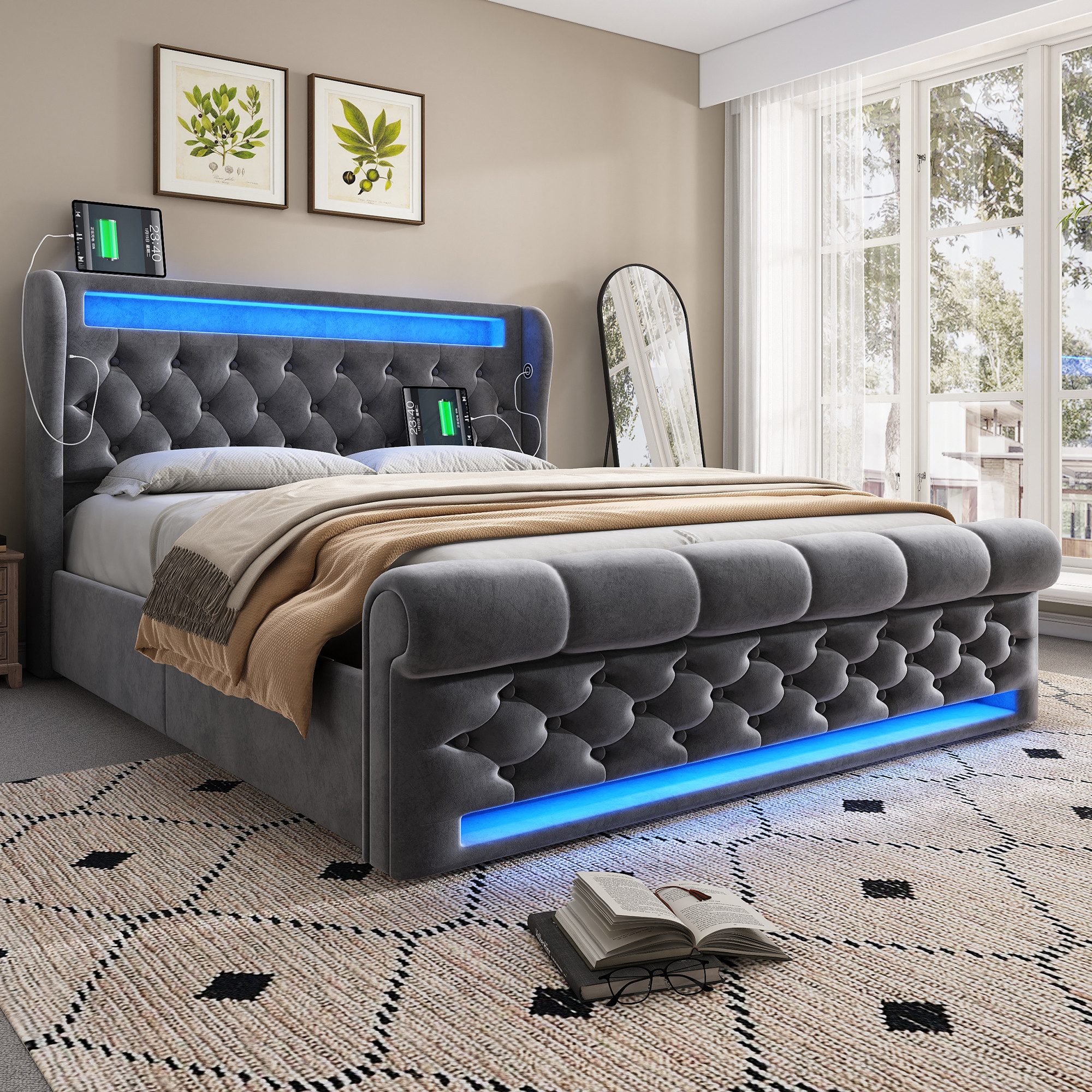 TavilaEcon Boxspringbett LED-Leuchten, Stauraum-Kopfteil mit USB- günstig online kaufen