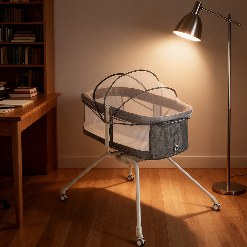JEOBEST Beistellbett Babywiege, Beistellbett Baby, Baby Bett mit Rollen, Einfach Transport, mit Moskitonetz, Atmungsaktives Maschen-Design