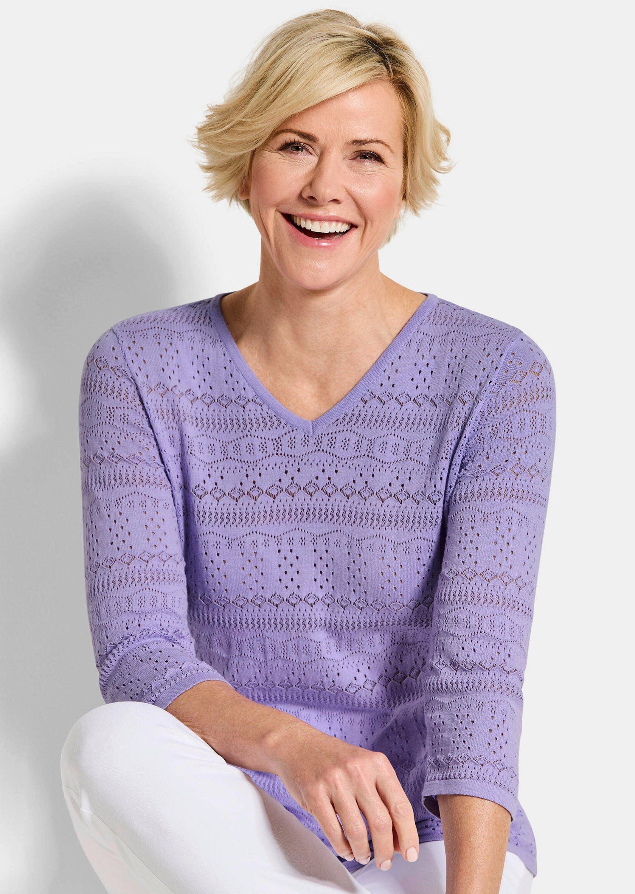 GOLDNER Strickpullover Sommerpullover mit V-Ausschnitt Baumwollpullover mit Ajourmuster, V-Ausschnitt und 3/4-Ärmeln