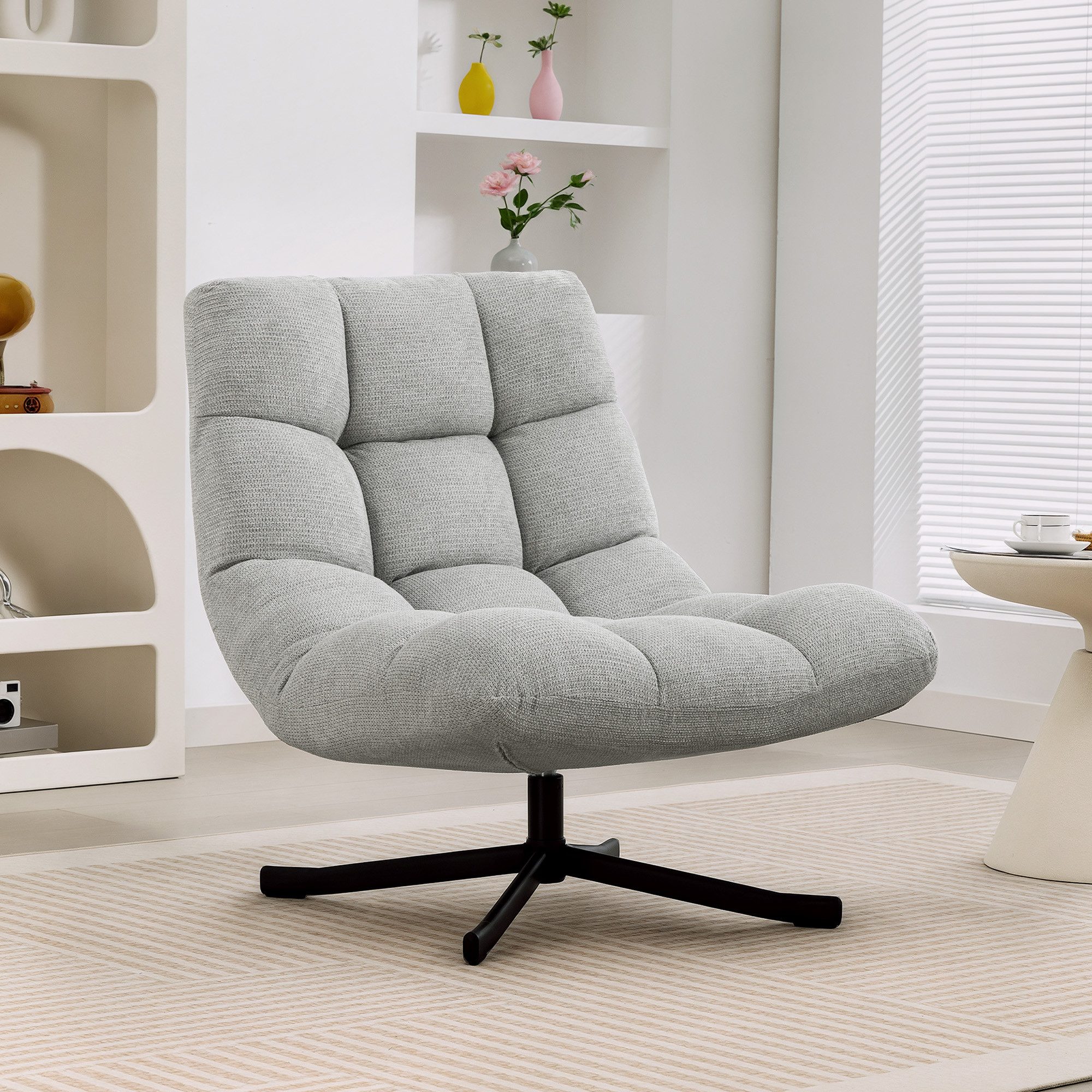 HOMCOM Relaxsessel mit Breiter Sitzfläche, wasserabweisend Chenille-Optik, Stahlbeine (gepolstert Sessel, 1-St., Drehbar Loungesessel), für Wohnzimmer, Schlafzimmer, Hellgrau