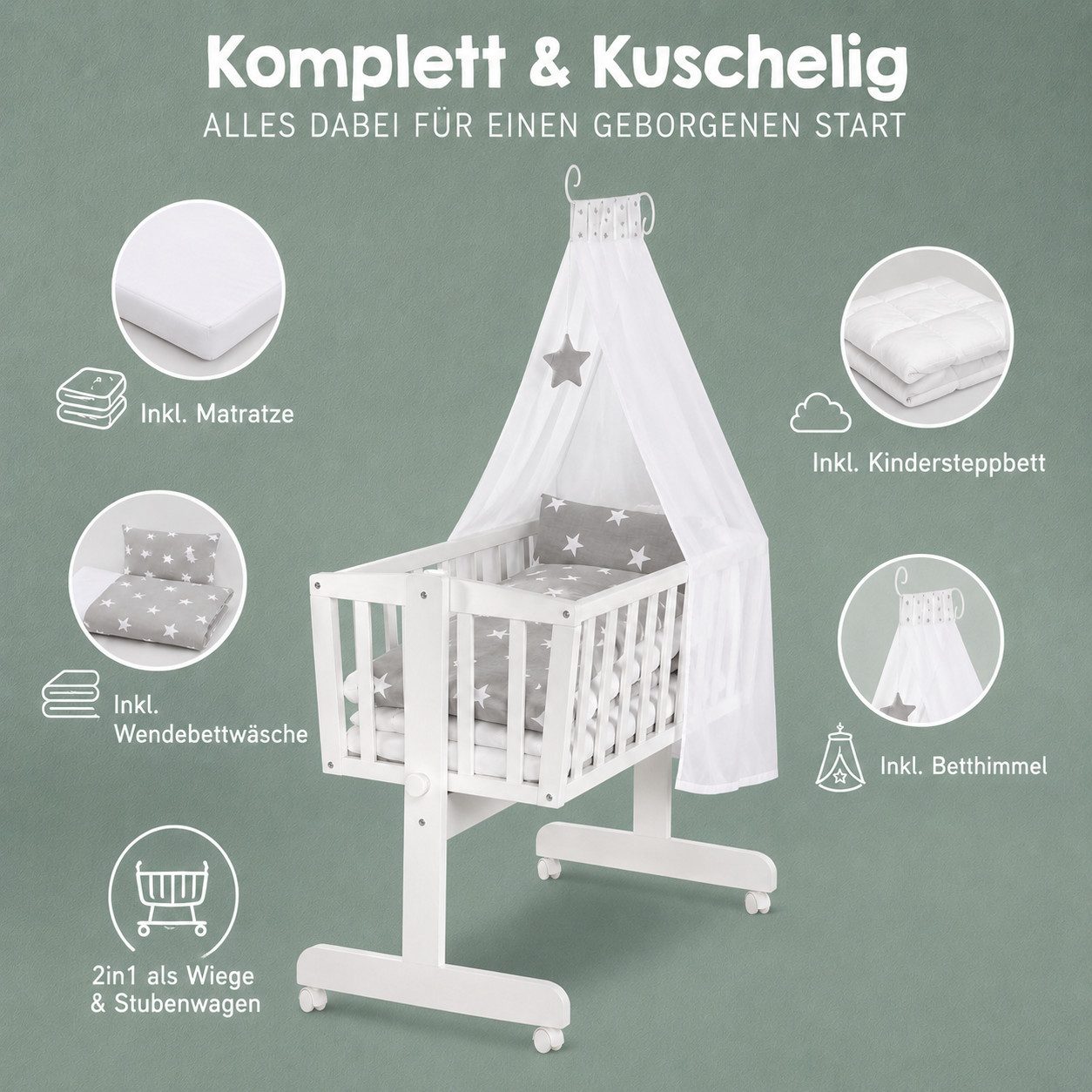 roba® Stubenbett Komplettwiegenset "Little Stars", Stubenwagen & Wiege aus Holz in Weiß / Grau