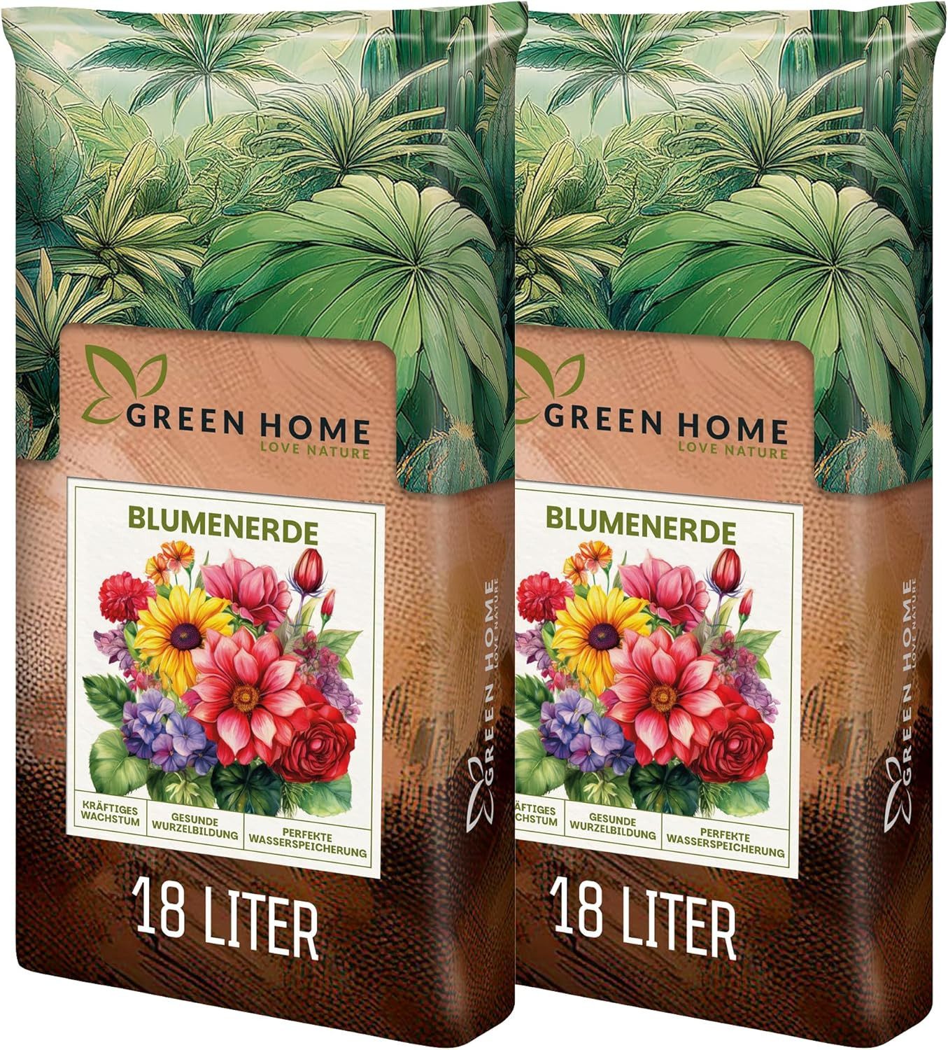 GREEN HOME LOVE NATURE Blumenerde Blumenerde, Pflanzerde für Zimmerpflanzen, Balkon & Garten 18 L, 36 L, 72 L, Langzeitdünger, Perlite, Kokosfasern, pH 5,8, gute Drainage