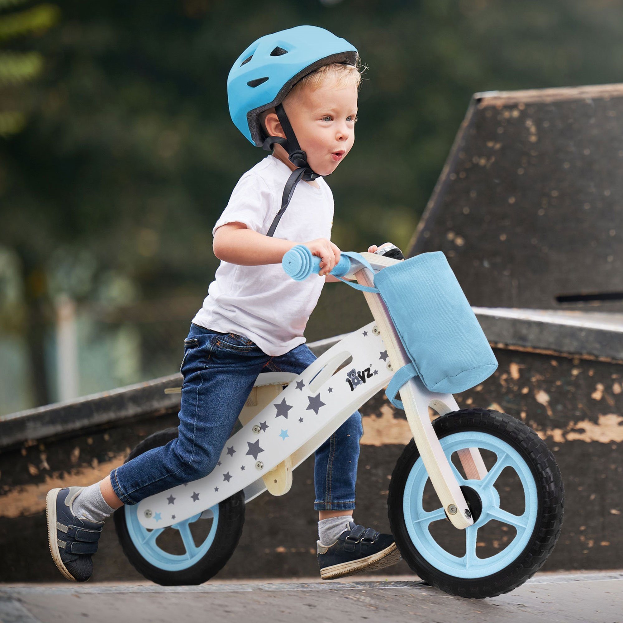 Holz 11 Zoll-EVA-Räder 2 Lauflernrad 11 Blau Kinderlaufrad verstellbarer Laufrad ab Joyz Jahren Kinderfahrrad Stoffbeutel Holzlaufrad Sitz Zoll,