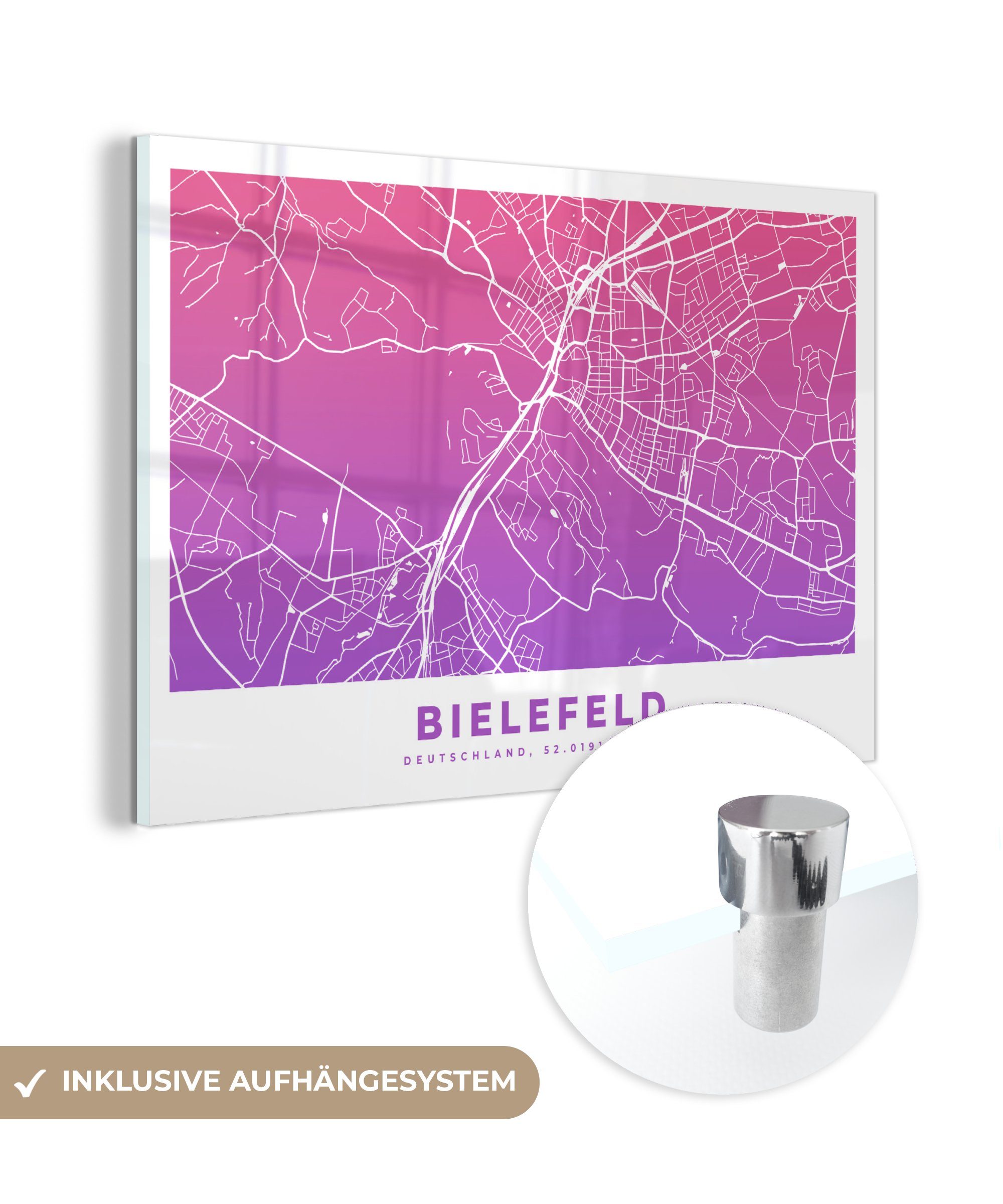 MuchoWow Acrylglasbild Bielefeld - Stadtplan - Deutschland, (1 St), Acrylglasbilder Wohnzimmer & Schlafzimmer