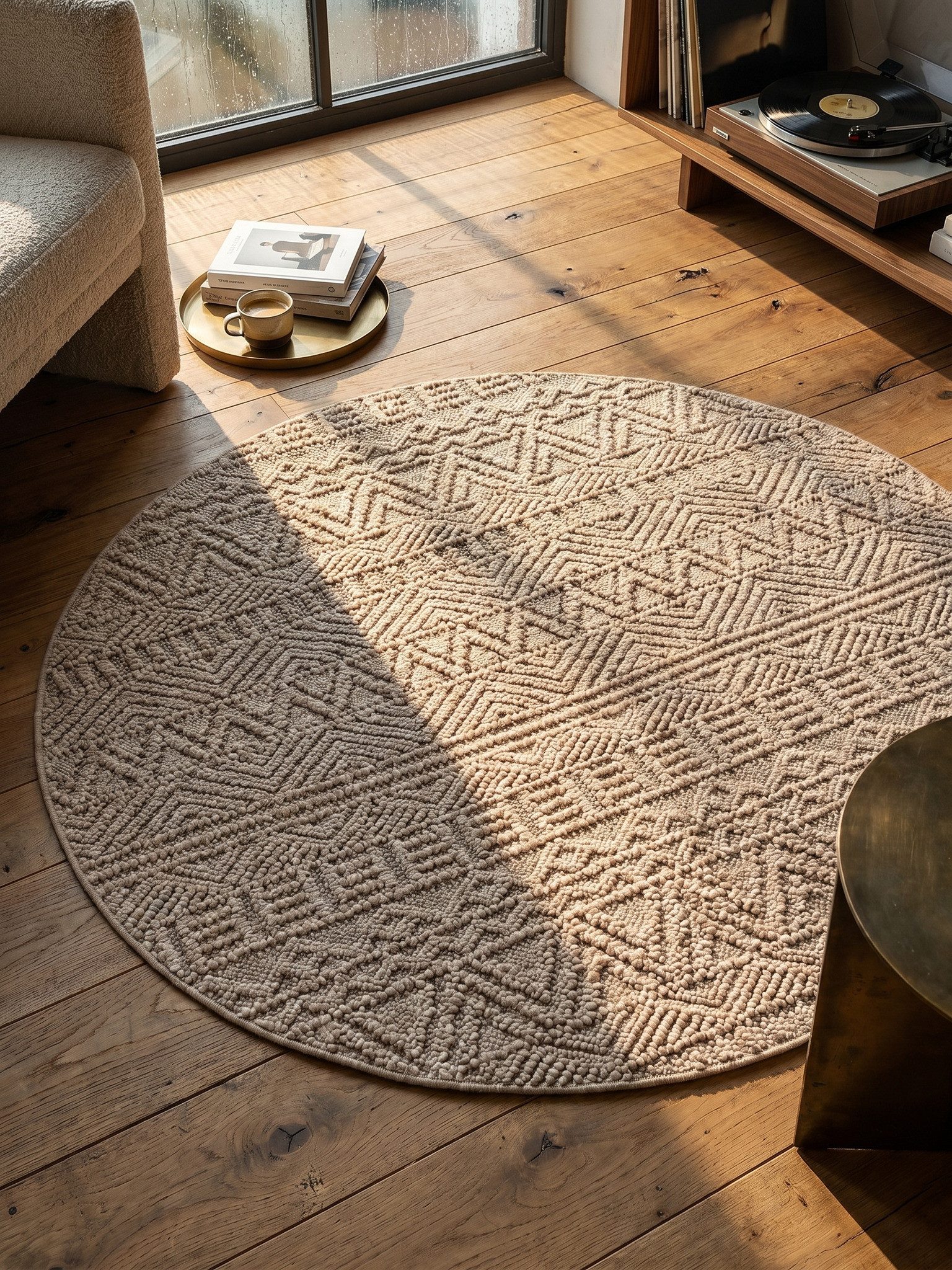 KADIMA DESIGN Teppich Boho Teppich LANGAU Ethno-Rauten Streifen Beige Creme Silber, Rund, Höhe: 7 mm, Beige, 80x80 cm, Saugroboter OEKO-TEX Fußbodenheizung Strapazierfähig