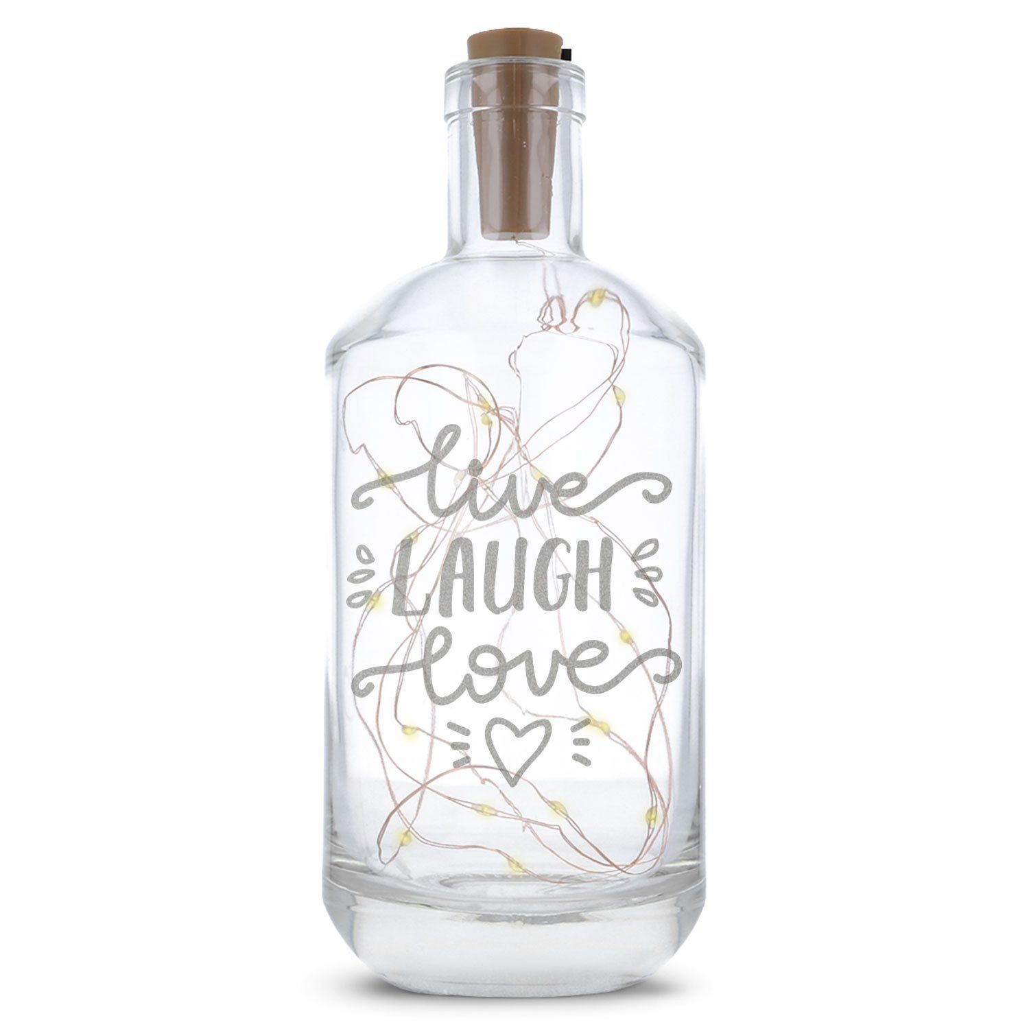 GRAVURZEILE Lichterkette Flasche mit Gravur - Live Laugh Love, 20 LEDs Lichterkette mit Schalter am Korken Drahtlichterkette