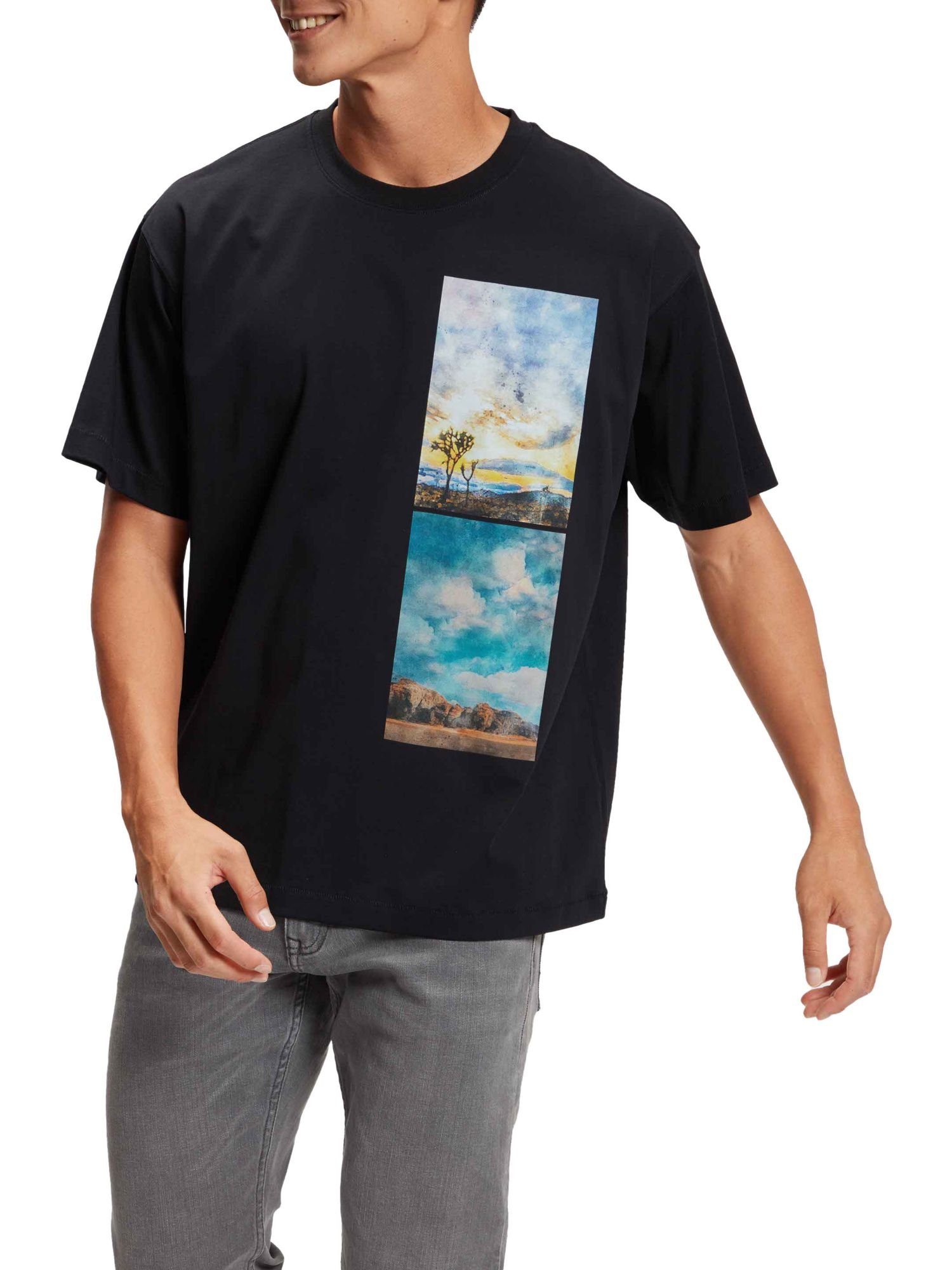 Esprit T-Shirt T-Shirt BLACK Landschafts-Print (1-tlg) abgesetztem mit