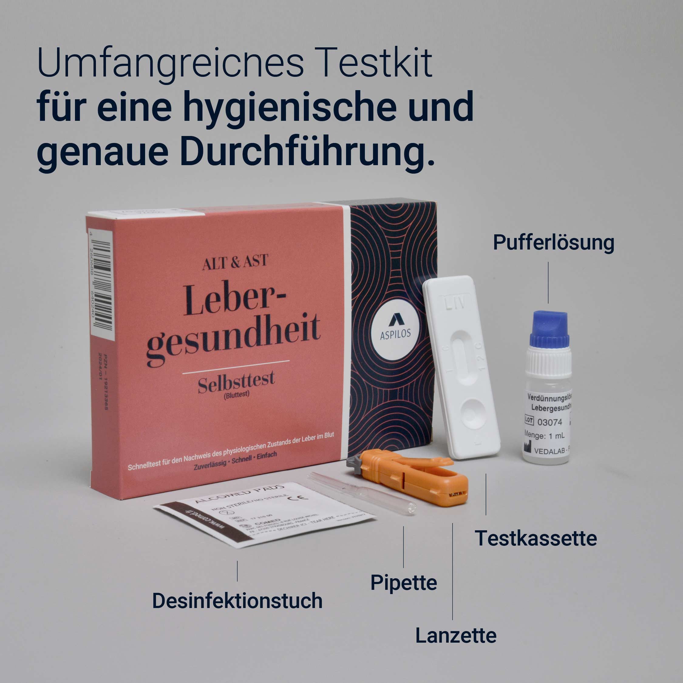 ASPILOS Hämoglobin-Schnelltest Leber Selbsttest für Zuhause in 10 Minuten - ALT & AST, 1-tlg., Bluttest, selbst durchführbar, Lebergesundheit, Transaminasespiegel, Lebererkrankungen Test