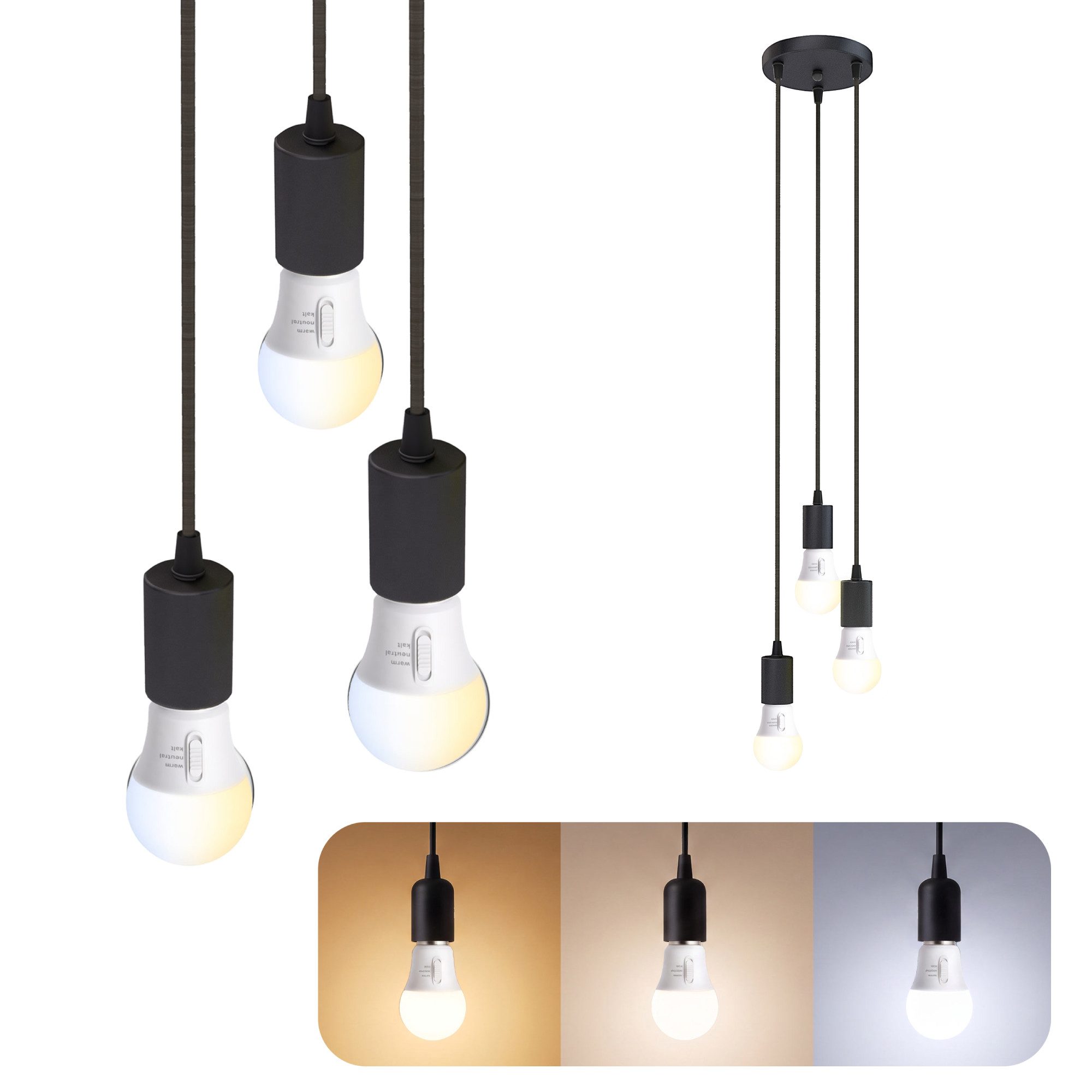 SSC-LUXon LED-Hängeleuchte PARU Pendelleuchte 3 flammig schwarz LED Glühbirnen E27 3 Lichtfarben, Neutralweiß, Warmweiß, Tageslichtweiß