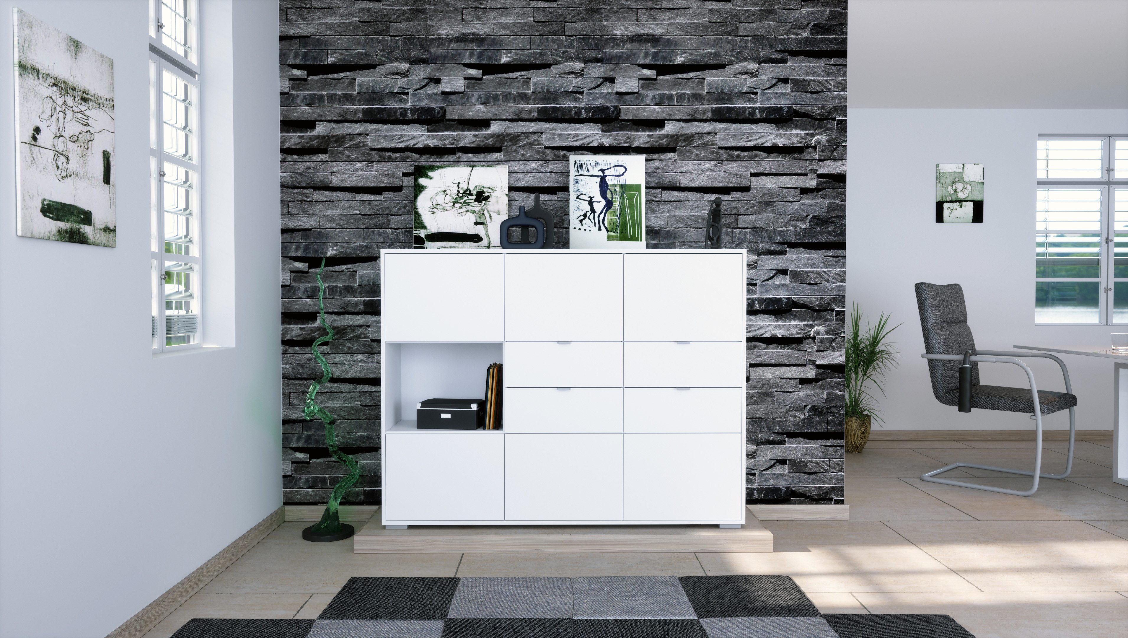 Vladon Highboard Milano (Highboard mit 6 Türen Weiß matt, 4 Schubladen Weiß matt, Made in Germany), Korpus Weiß matt (152,5 x 118 x 37 cm)