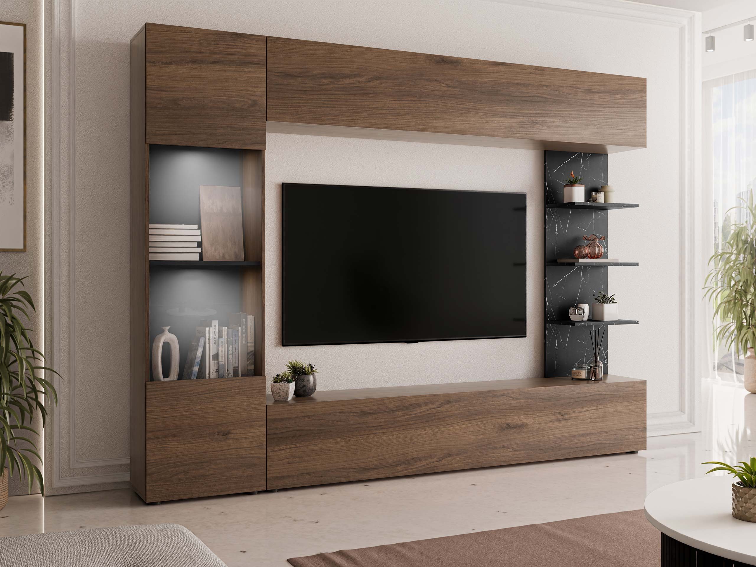 MIRJAN24 Wohnwand Lazando, (Komplett-Set, Hängeschrank, Vitrine, TV-Lowboard, Wandregal), Beleuchtung als Option