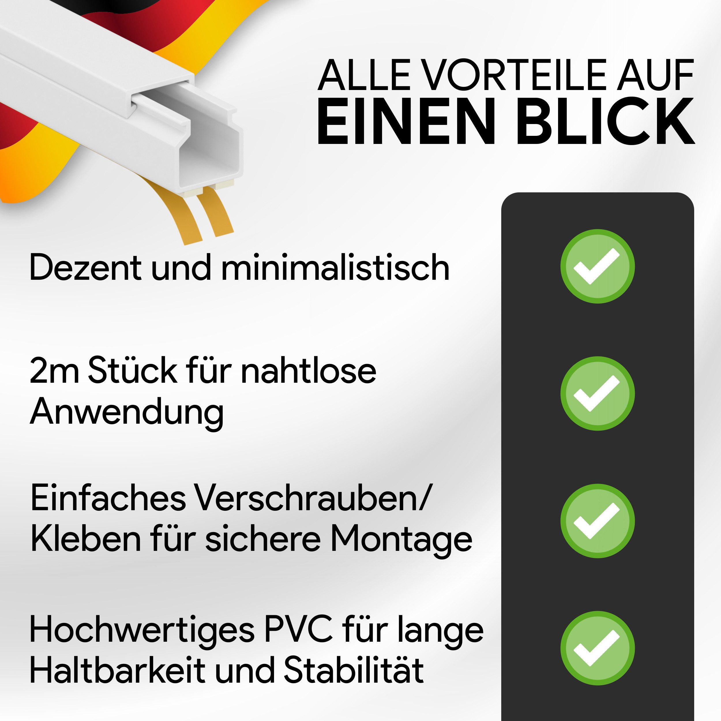 tktrading24 Kabelkanal Kabelleiste aus robustem PVC weiß Selbstklebend 2m - diversen Größen