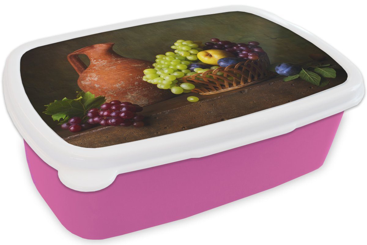 MuchoWow Lunchbox Rustikal Brotbox - Kinder, - Kunststoff, Snackbox, Mädchen, rosa - (2-tlg), Obst Stilleben, Korb für Kunststoff Brotdose Erwachsene