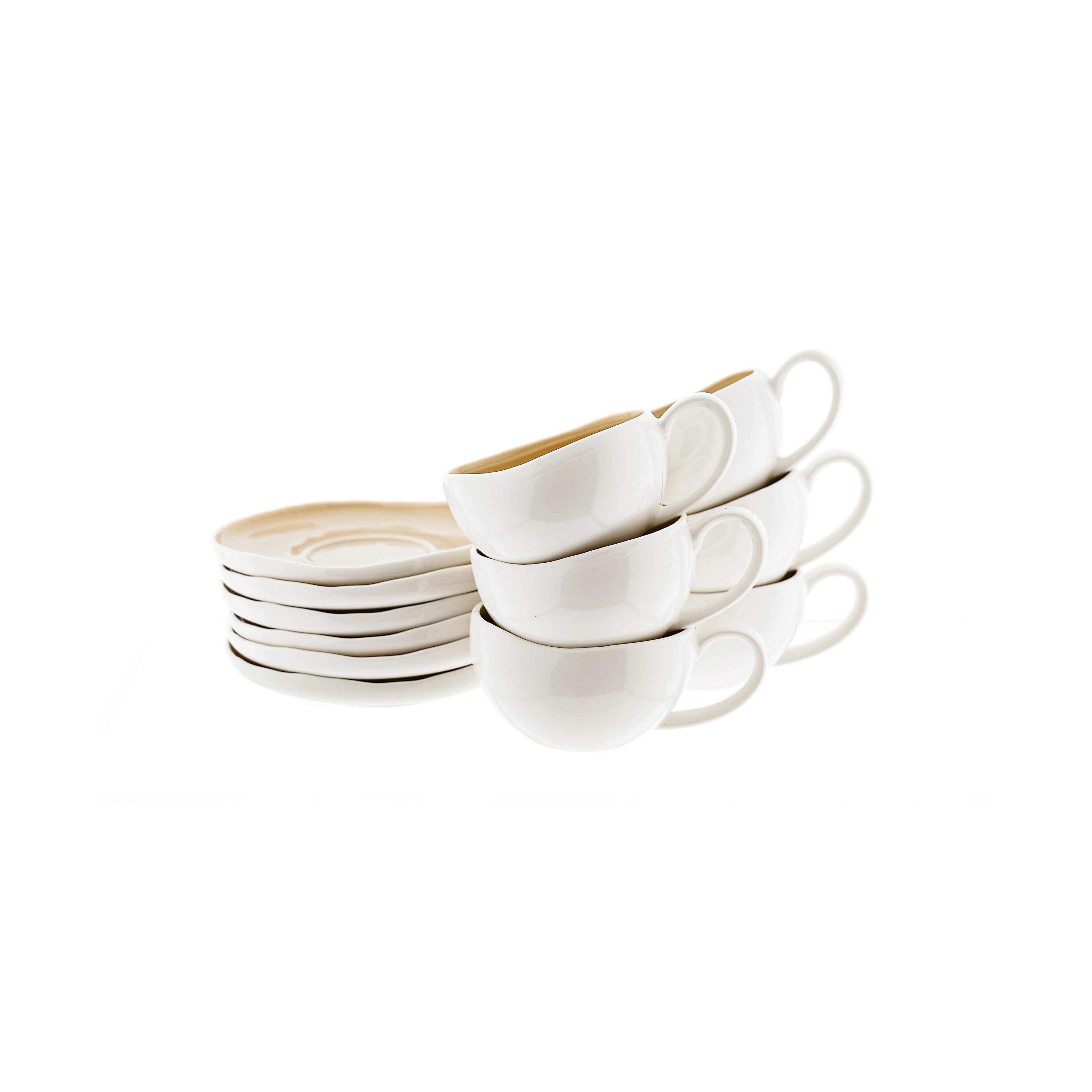 Almina Kaffeeservice Wave Cream Mokkatassen mit Untertellern (12-tlg), 6 Personen, Porzellan, 12-teiliges-Set