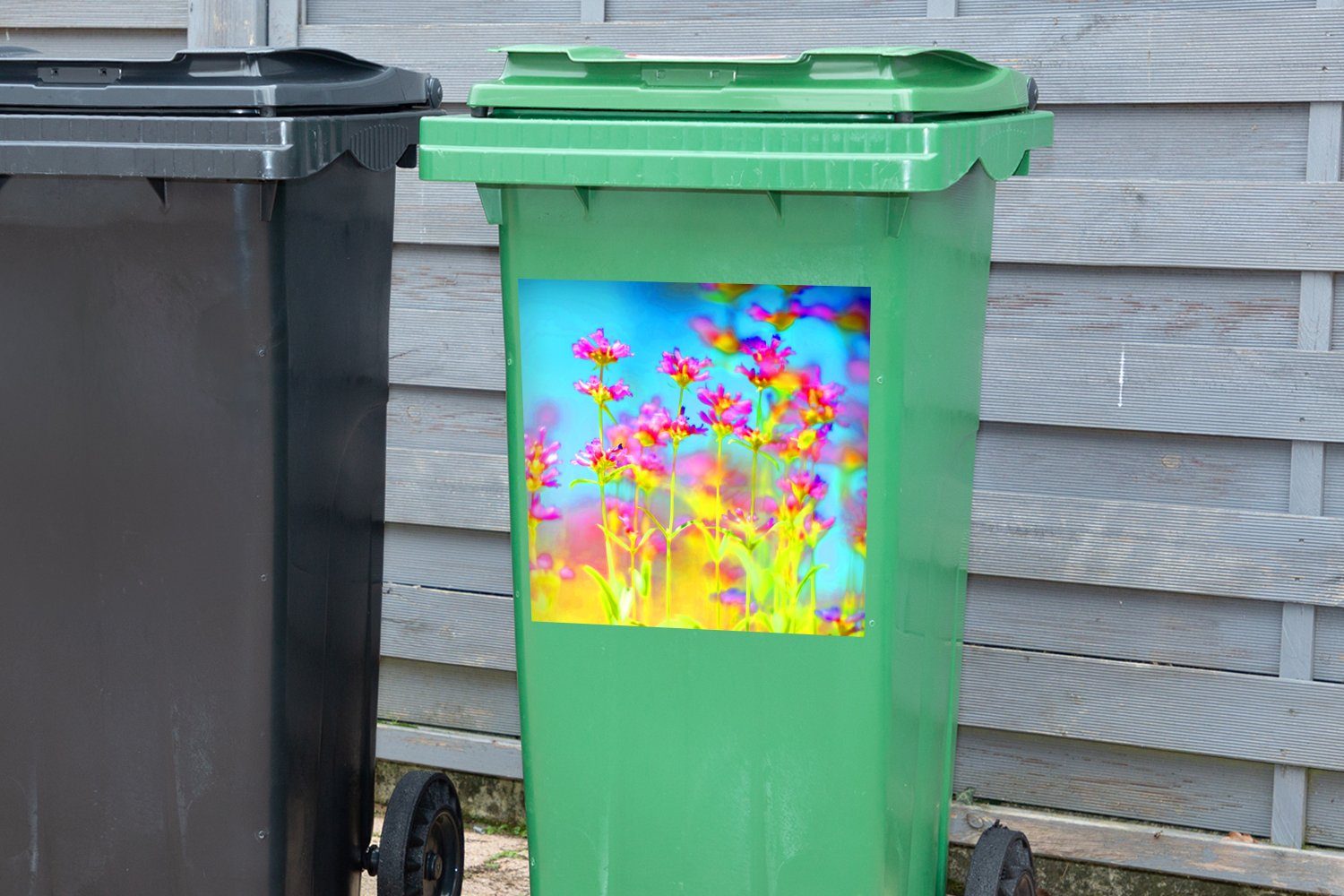 Abfalbehälter Psychedelisch - Mülltonne, St), Mülleimer-aufkleber, Wandsticker (1 Kunst Blumen MuchoWow Sticker, - Container,