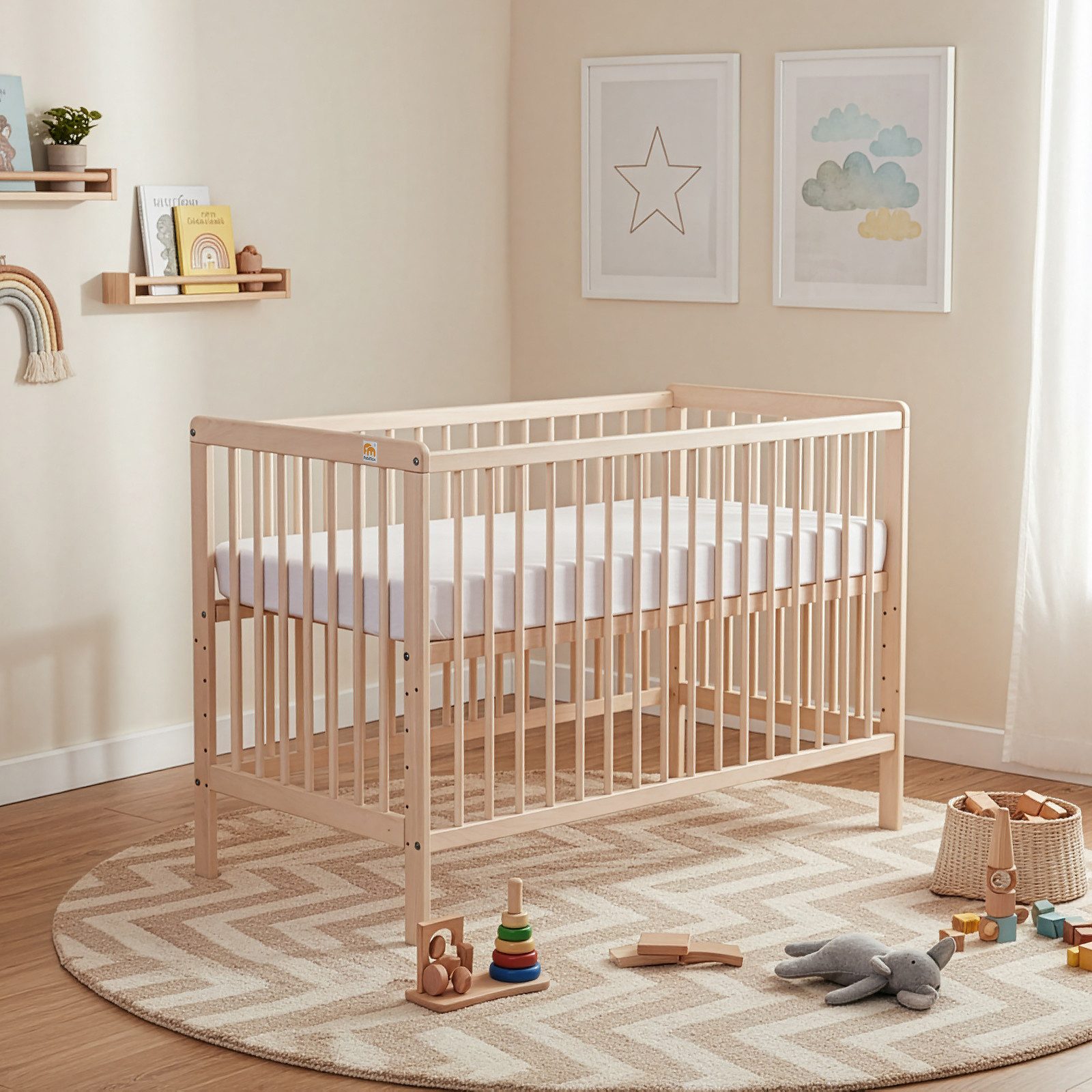 FabiMax Babybett Nubi 120 x 60 cm, Natur aus Buchenholz, 6-fach höhenverstellbar, mit 4 Schlupfsprossen