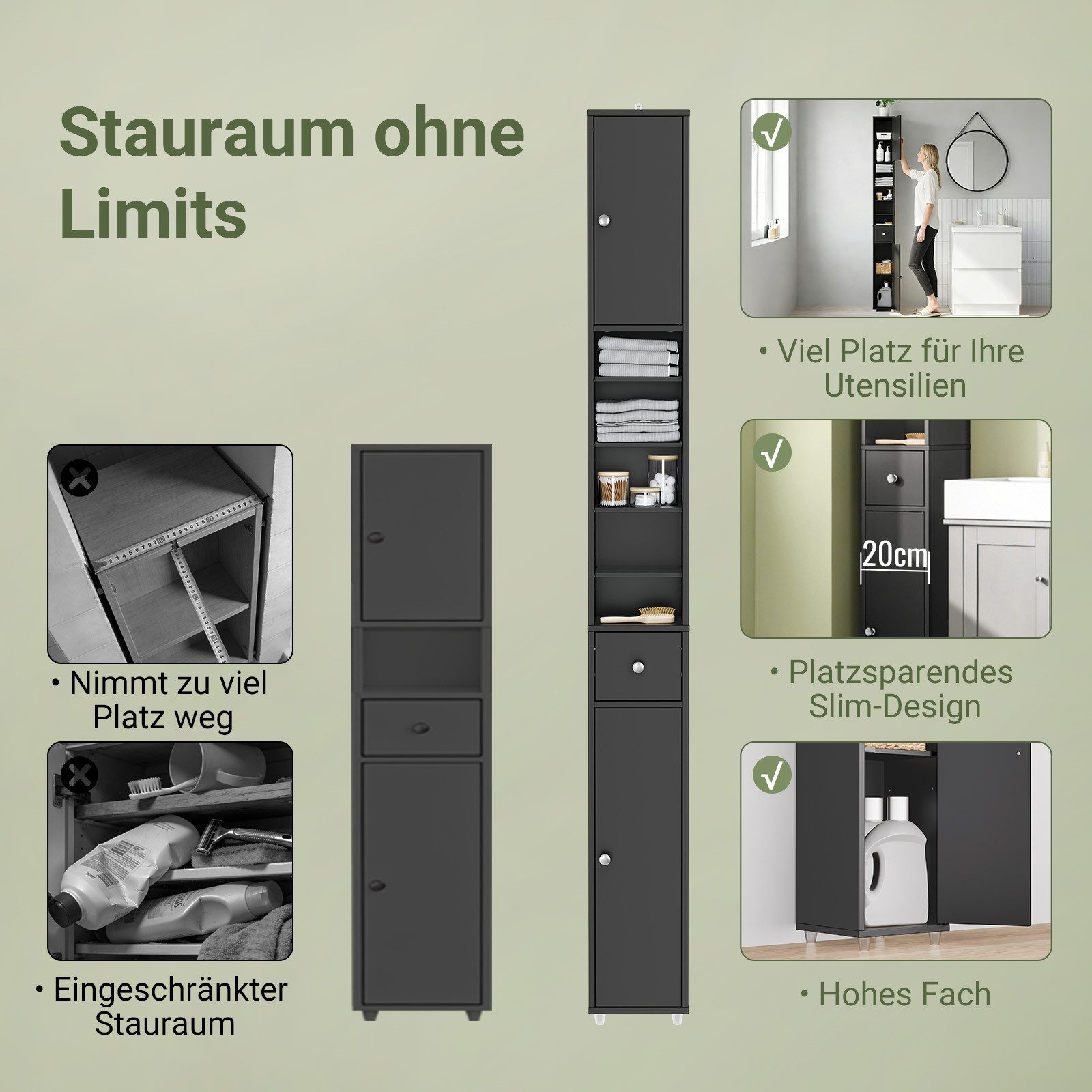 SoBuy Hochschrank BZR34, Badschrank schmal, Badezimmermöbel, Wasserabweisender Badzimmerschrank mit verstellbare Ablagen Badkommode schmal Badezimmer