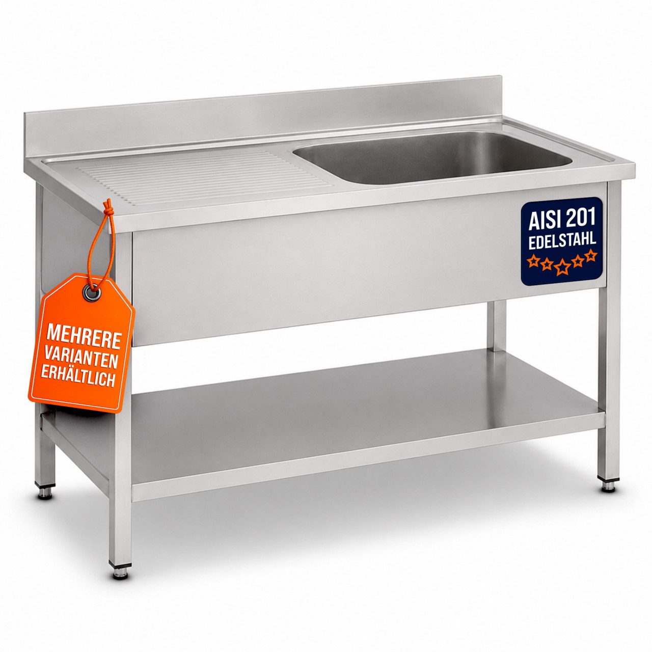 GastroHero Arbeitstisch Spültisch 120x70 cm - Edelstahl mit Becken - Gastro - Spüle, AISI201-Edelstahl, Grundboden, nach Hygienerichtlinien produziert