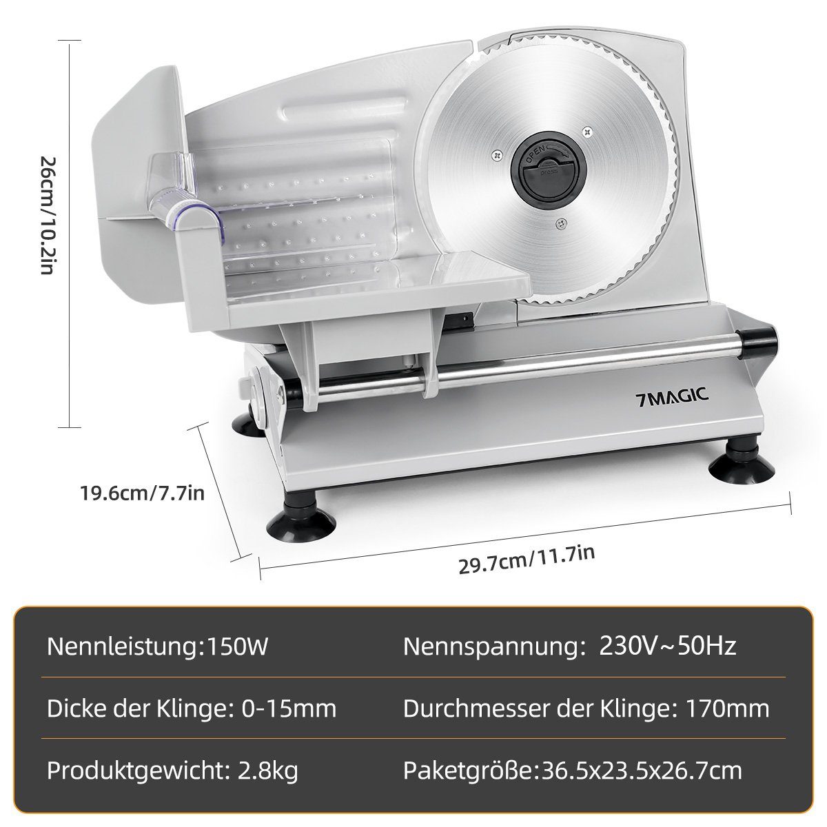 7MAGIC Allesschneider Brotschneidemaschine Elektrisch, Edelstahl Aufschnittmaschine, 150,00 W, mit stufenlos einstellbarer Schnittstärke,mit Abnehmbarer 17 cm Klinge