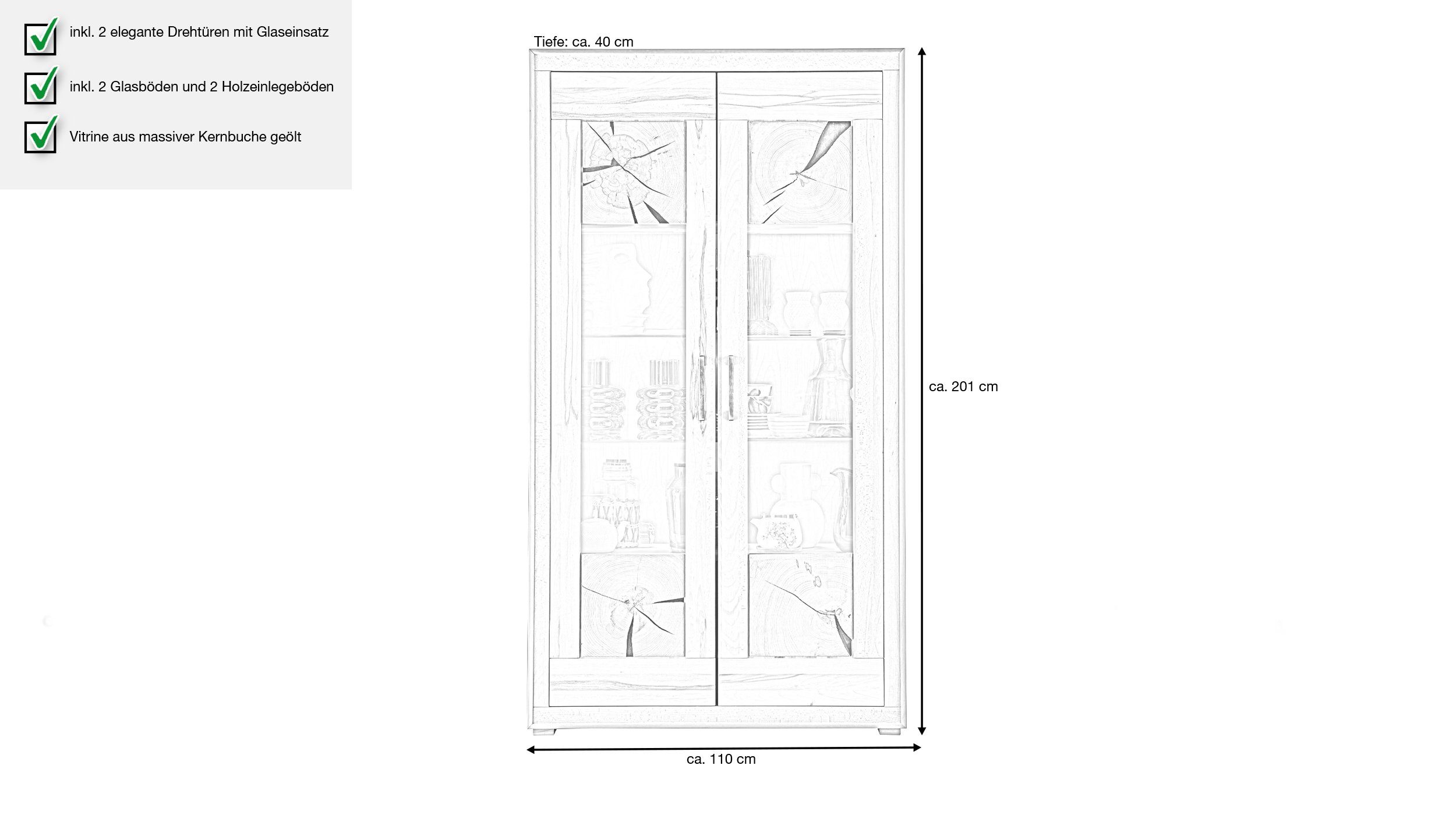 Massivart® Vitrine Luis / Vitrinenschrank Türen / Massivholz mit Metallgriffe Glaseinsatz, geölt Kernbuche 2